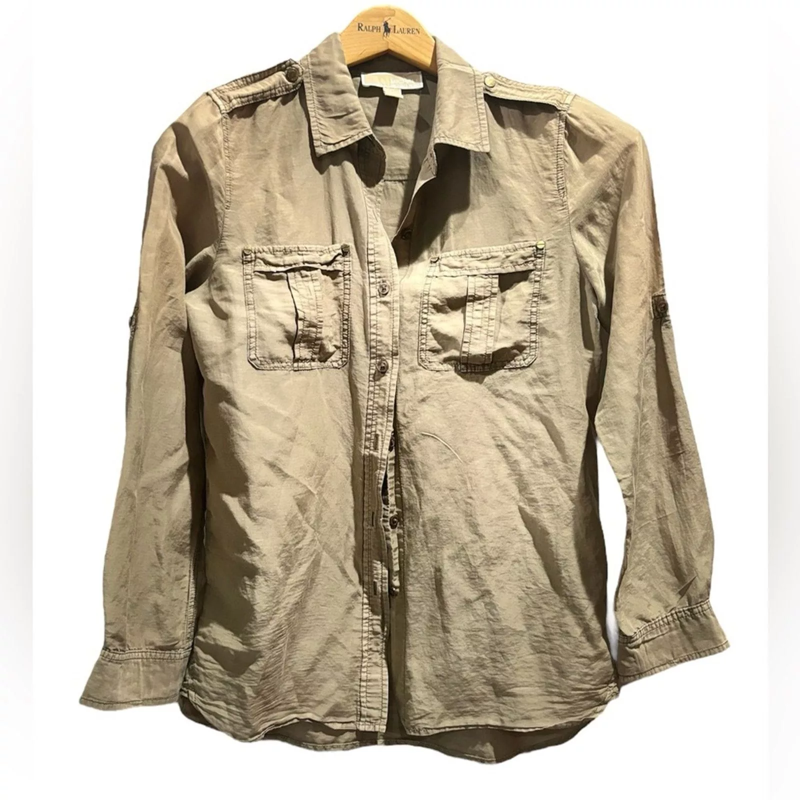 Michael Kors Short Sleeve T Shirts MICHAEL KORS Olive Green Button-Up Utility Blouse Sz S