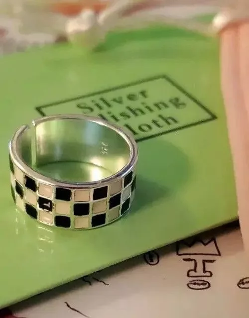 Jewelry Rings Jewelry Unique Black and White Grid Pattern Adjustable Ring Silver Streetwear