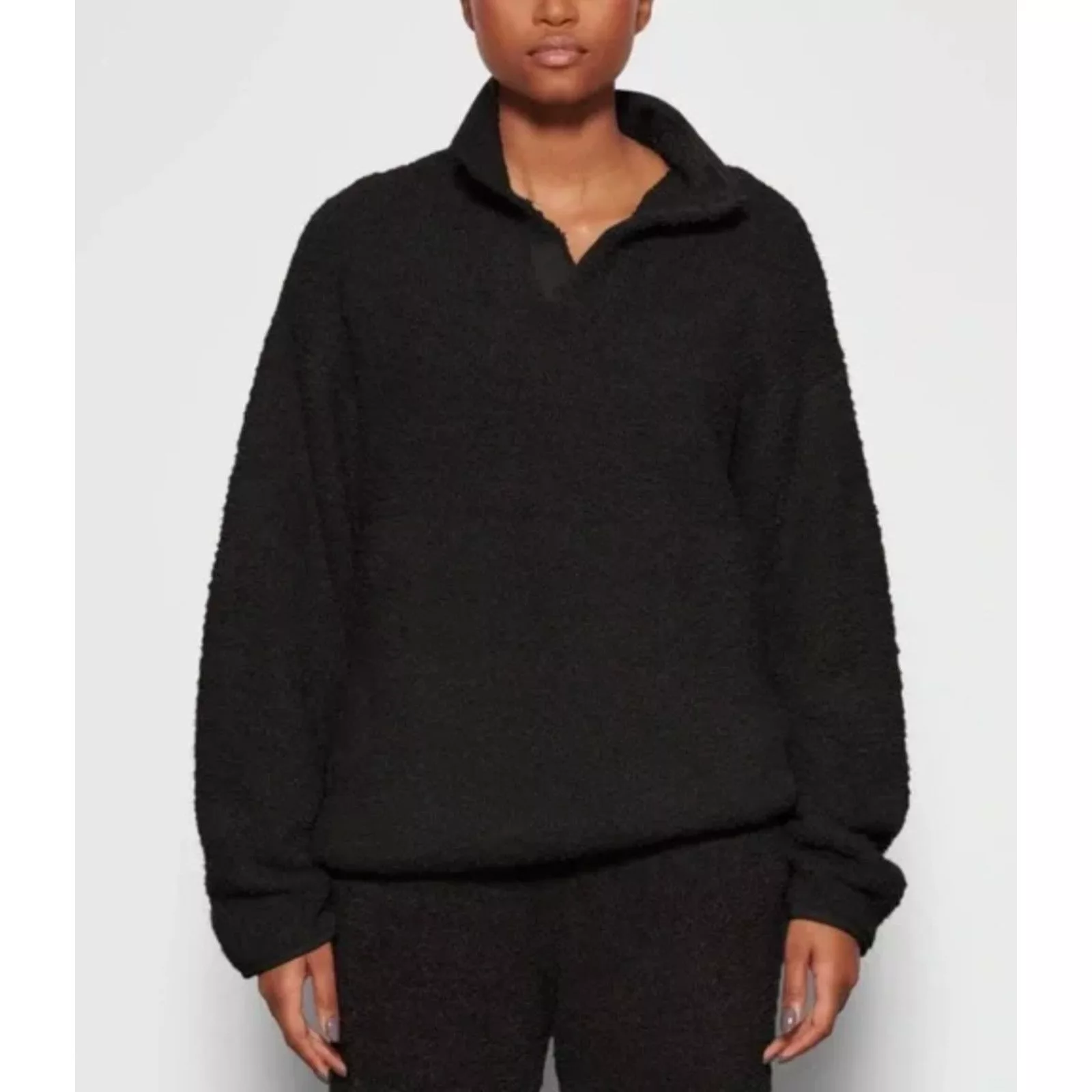 SKIMS Sweatshirts Skims Cozy Knit Pullover L/XL Black Teddy 1/4 Snap Button