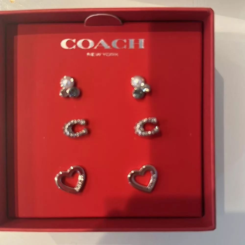 Coach Earrings COACH silver crystal C Stone Heart Earring Stud Set Trio