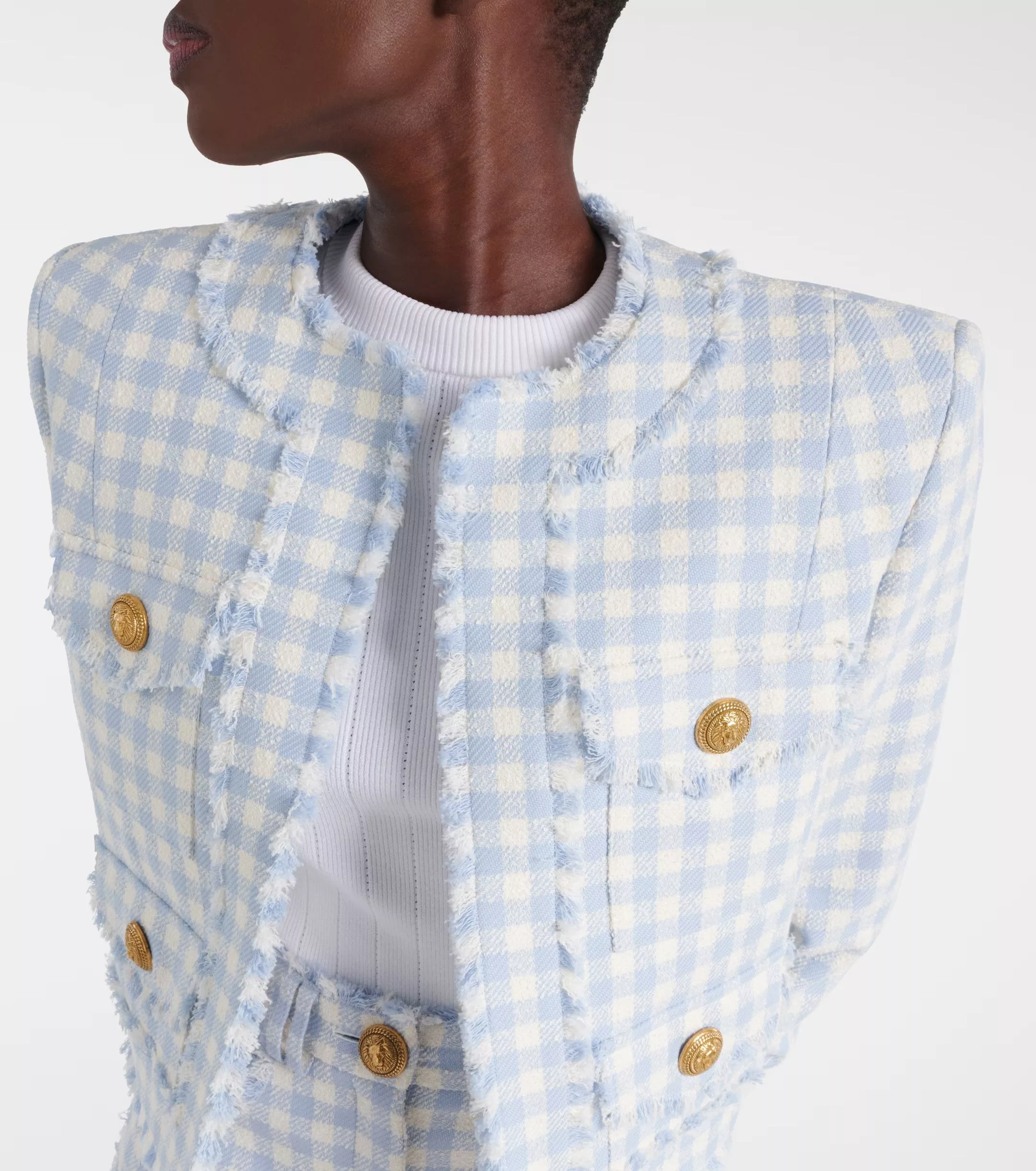 Balmain Jackets Balmain o1w1db10624 Collarless Vichy Jacket in White