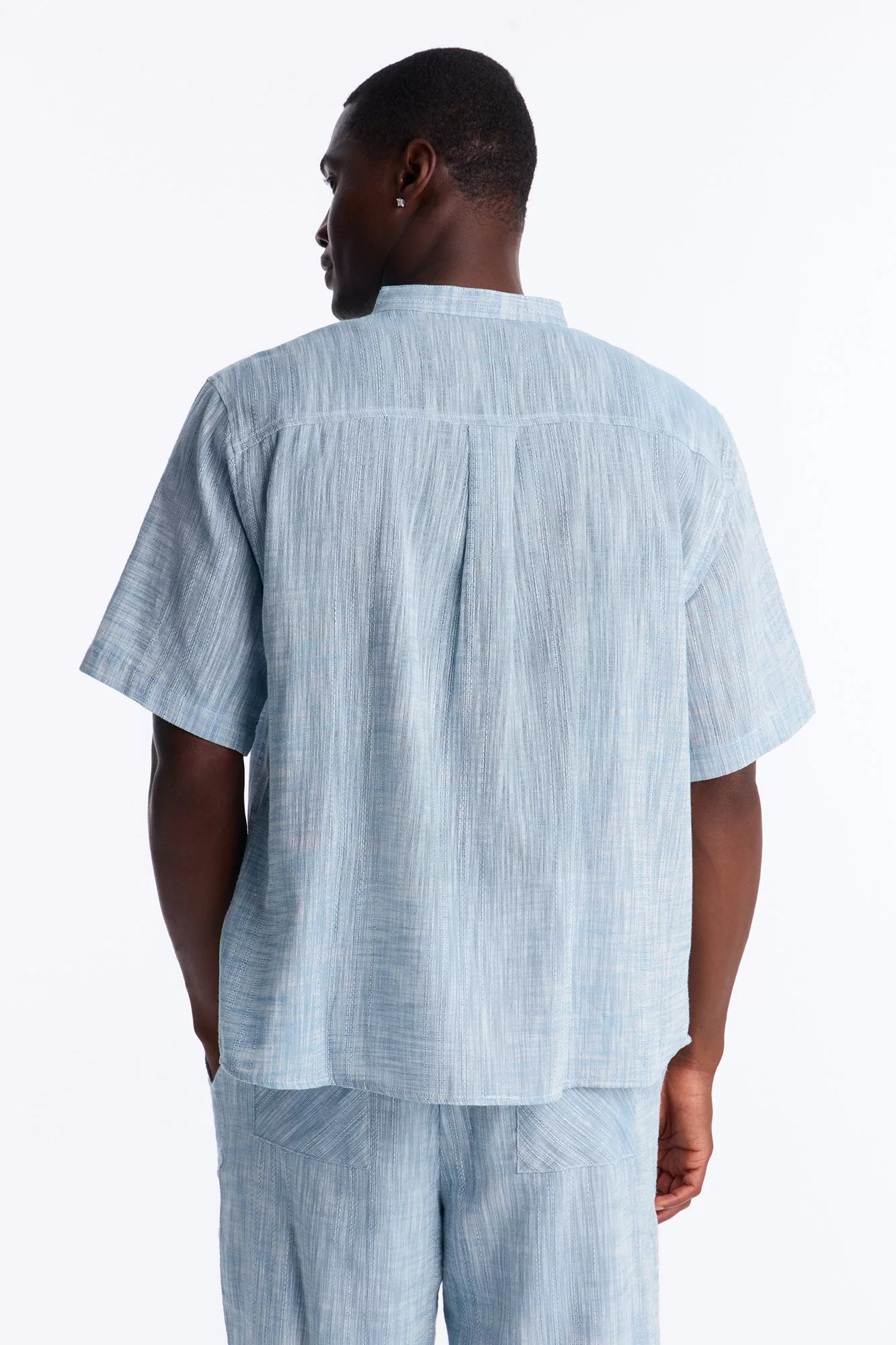Slub Texture Cuban Collar Button Up Shirt - Blue