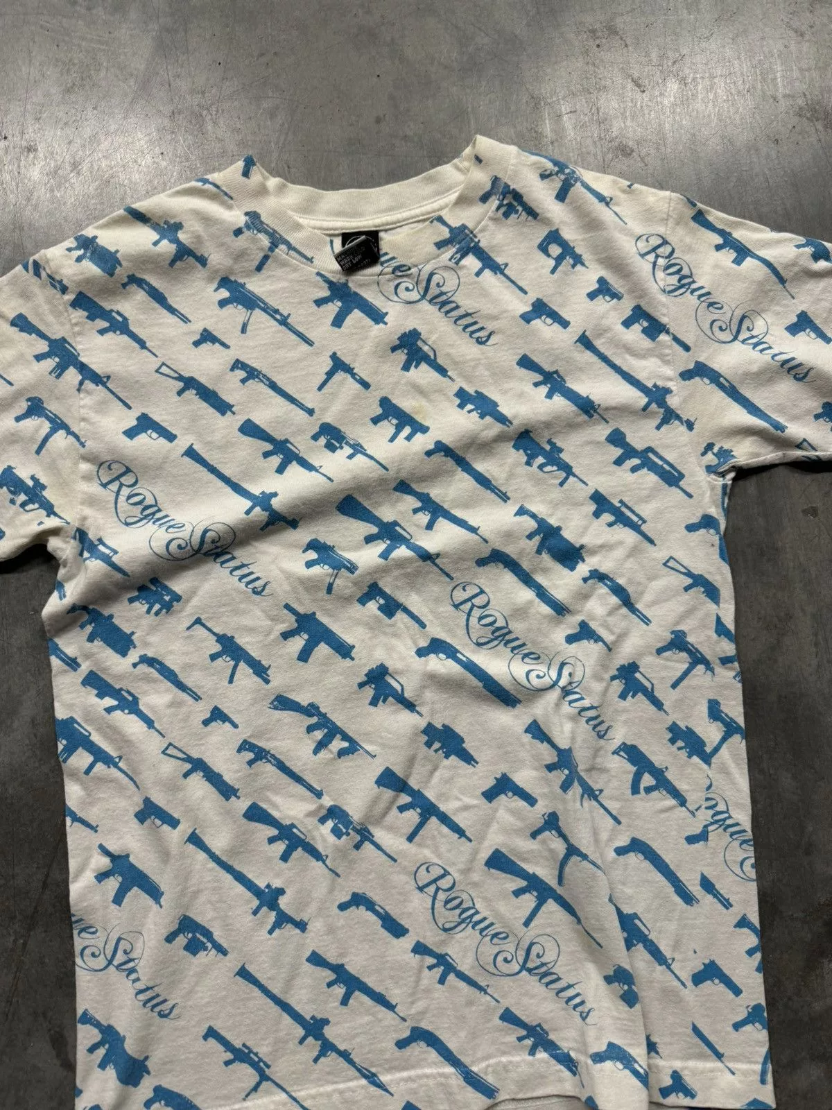 Rogue Status Short Sleeve T Shirts Rogue Status × Vintage Vintage Y2K Rogue Status Gun All Over Print T Shirt White