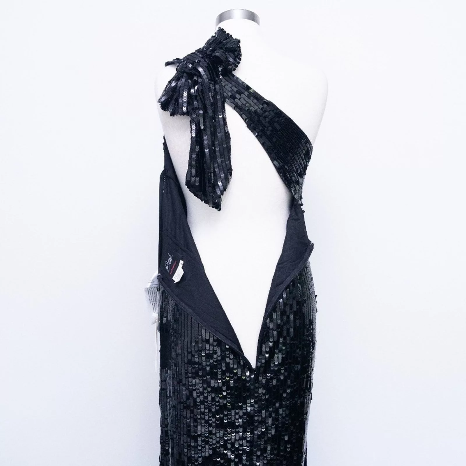 Designer Midi Dresses Designer Mac Duggal. Sequined One Shoulder Back Bow Detail Gown. Black