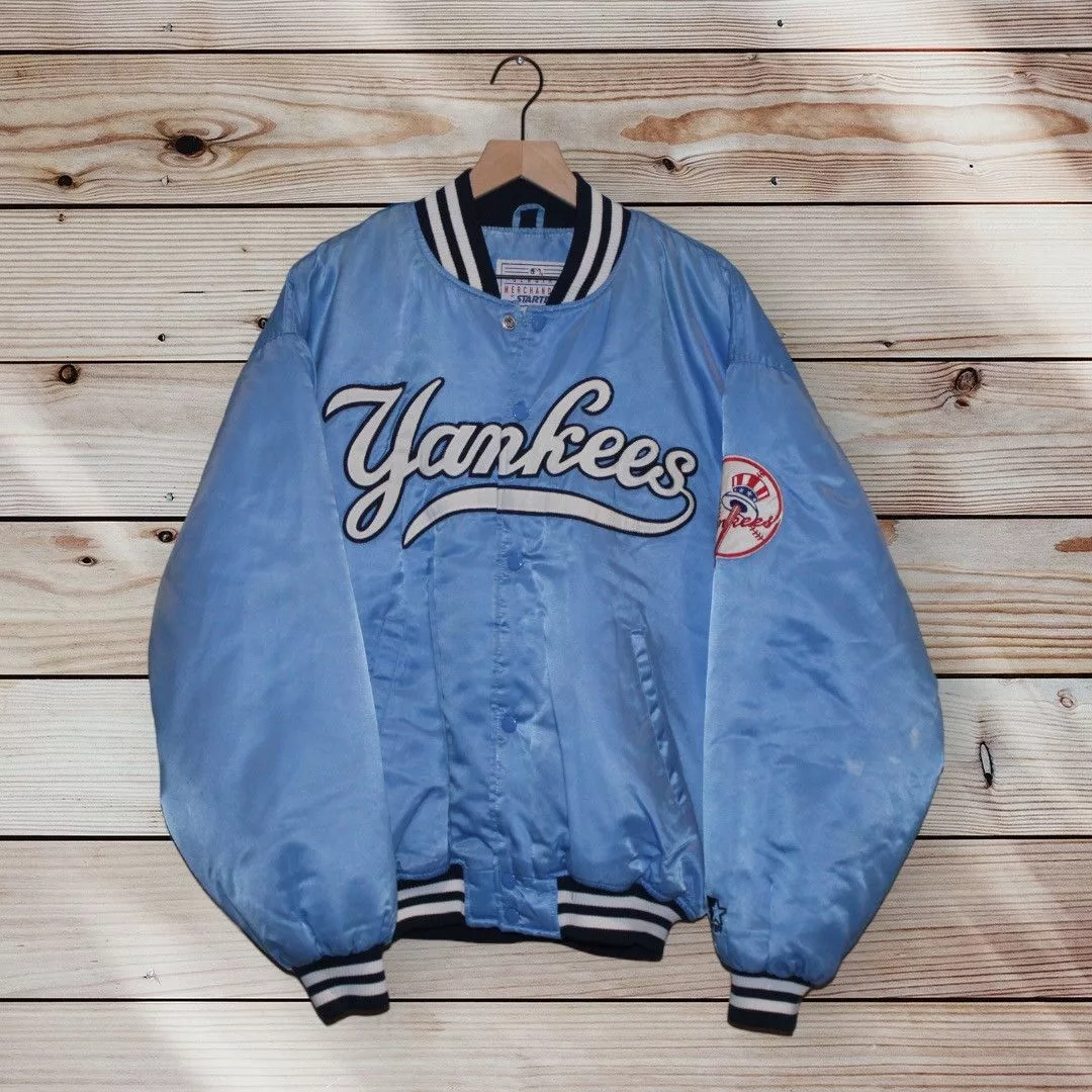 Starter Bombers Starter × Vintage Vintage 90s New York Yankees Baby Blue Satin Jacket RARE!!!!