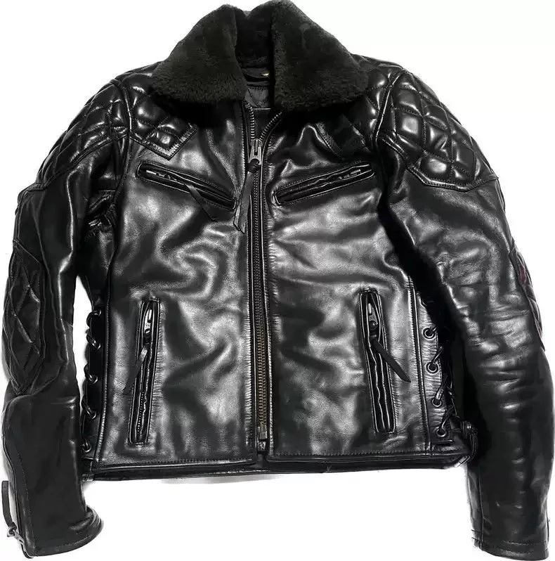 Kadoya Leather Jackets kadoyaDiamond lattice straight lapel leather coat Black