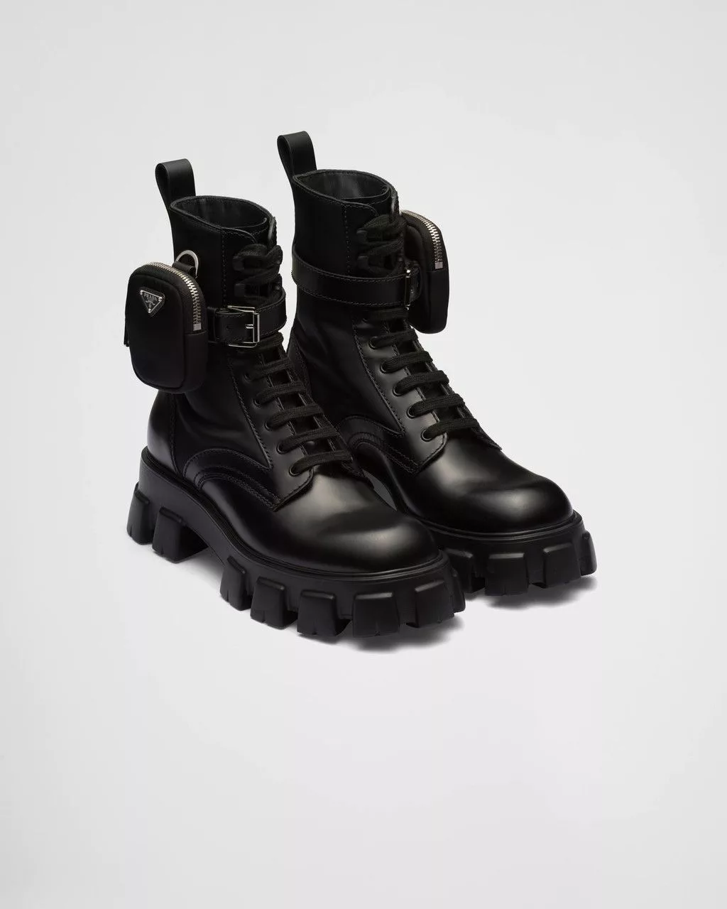Prada Boots Prada Leather and Nylon Platform Combat Boots with Pouches Black