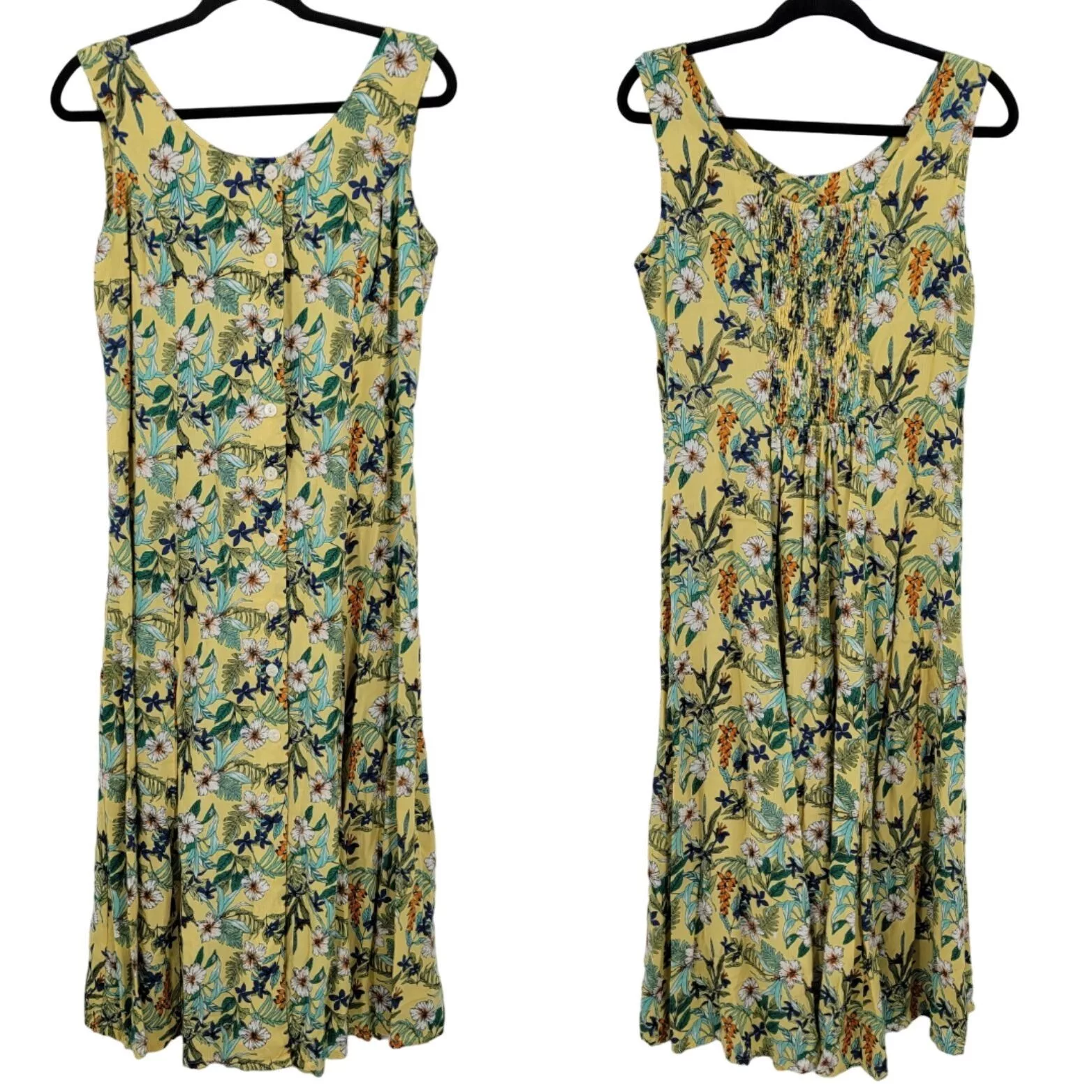 Vintage Midi Dresses Vintage Koret Dress M Yellow Floral Midi Sleeveless Button Front