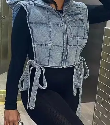 Other Vests Other Winter Sleeveless Side Lace Up Vest Jacket Zipper Denim Blue Avant-Garde