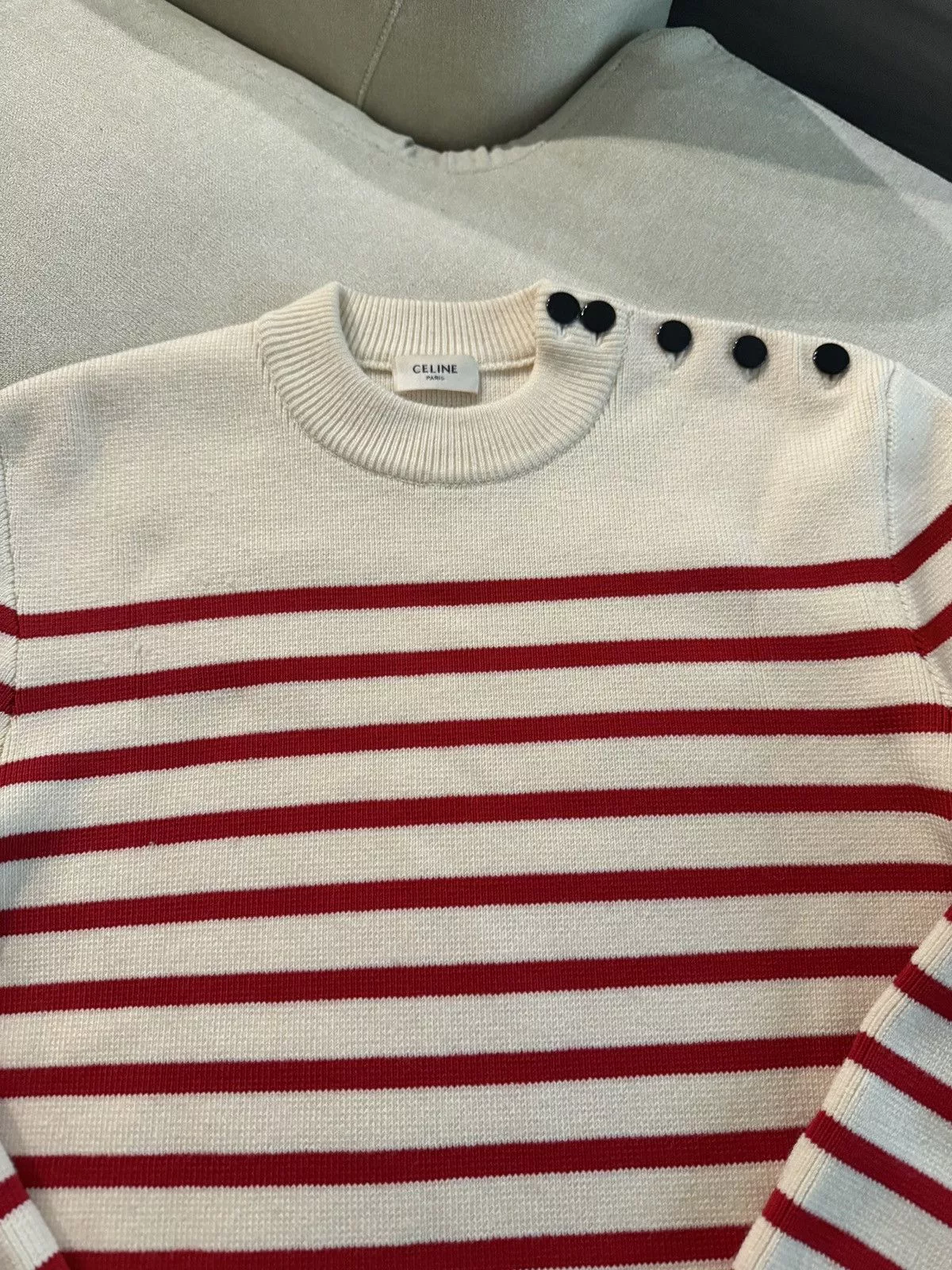 Celine Sweaters Knitwear Celine Breton Stripe Crew Neck Knit White