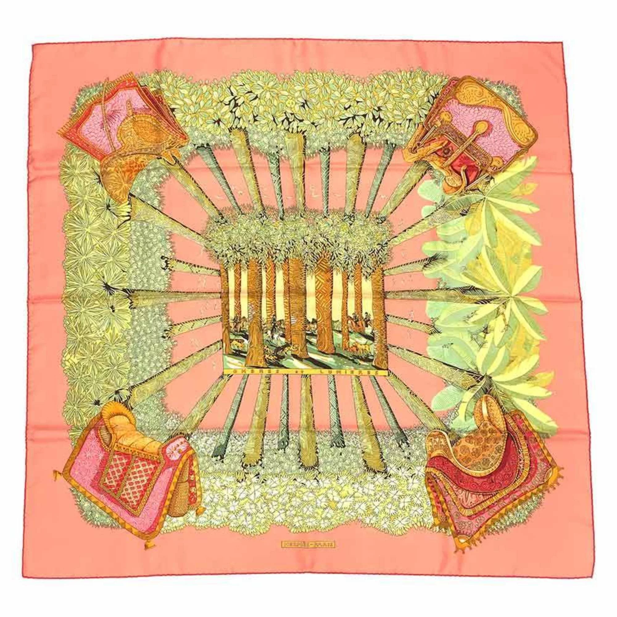 Hermes Scarves HERMES Scarf Muffler Carre 90 OMBRES ET LUMIERES Shadow and Light Coral Orange 100% Silk aq10112