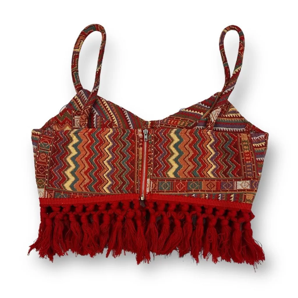 Cider Crop Tops Cider Boho Geometric Corset Fringe Crop Top Size Medium Red