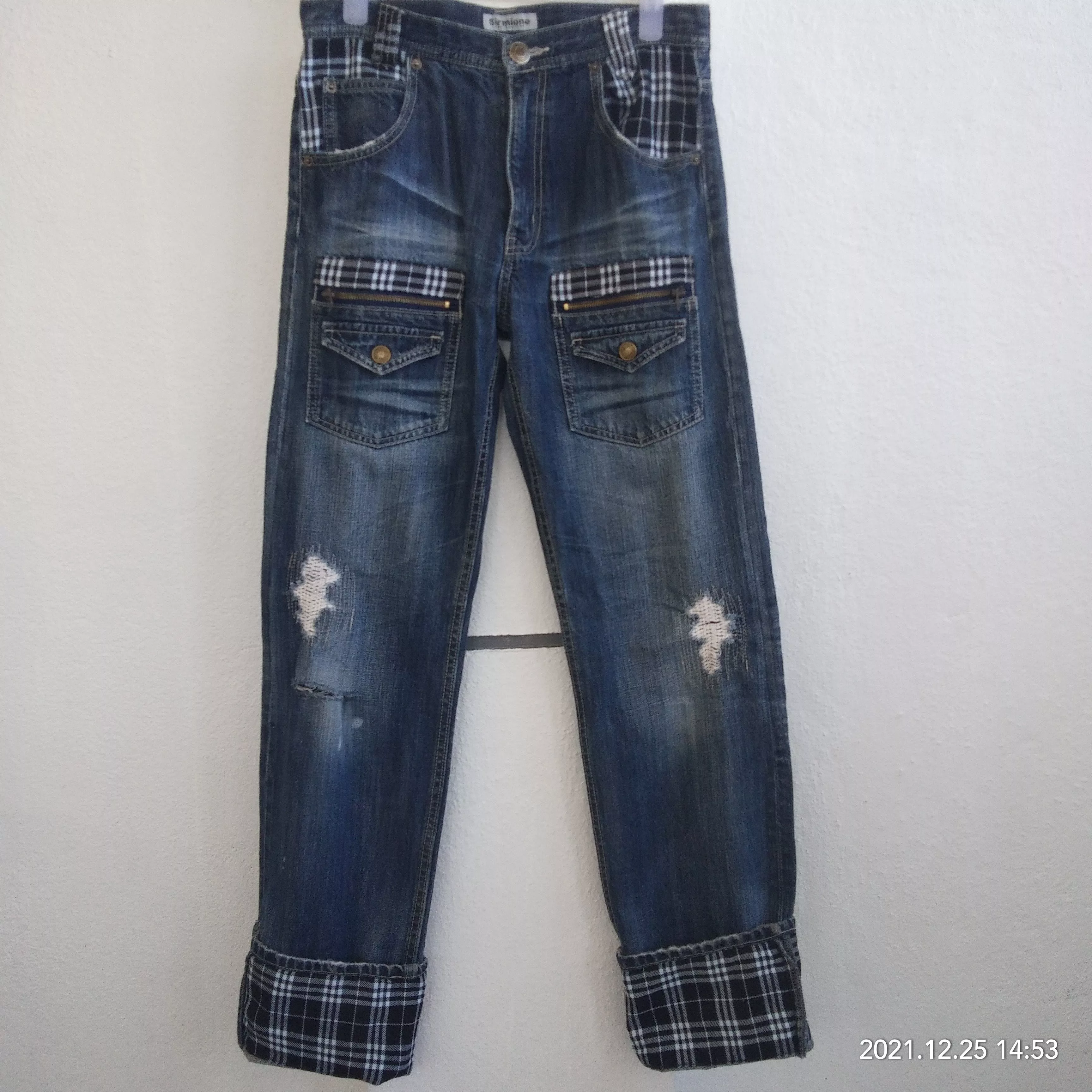 Japanese Brand Denim Bush Pants Distressed Denim Blue