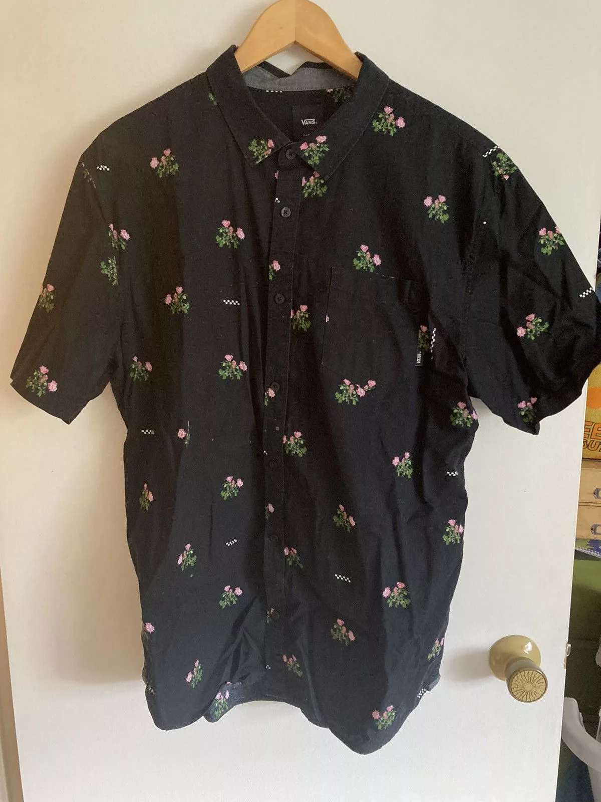 Vans Shirts Button Ups Vans Checkered and Rose Design Button Up Shirt Black Streetwear
