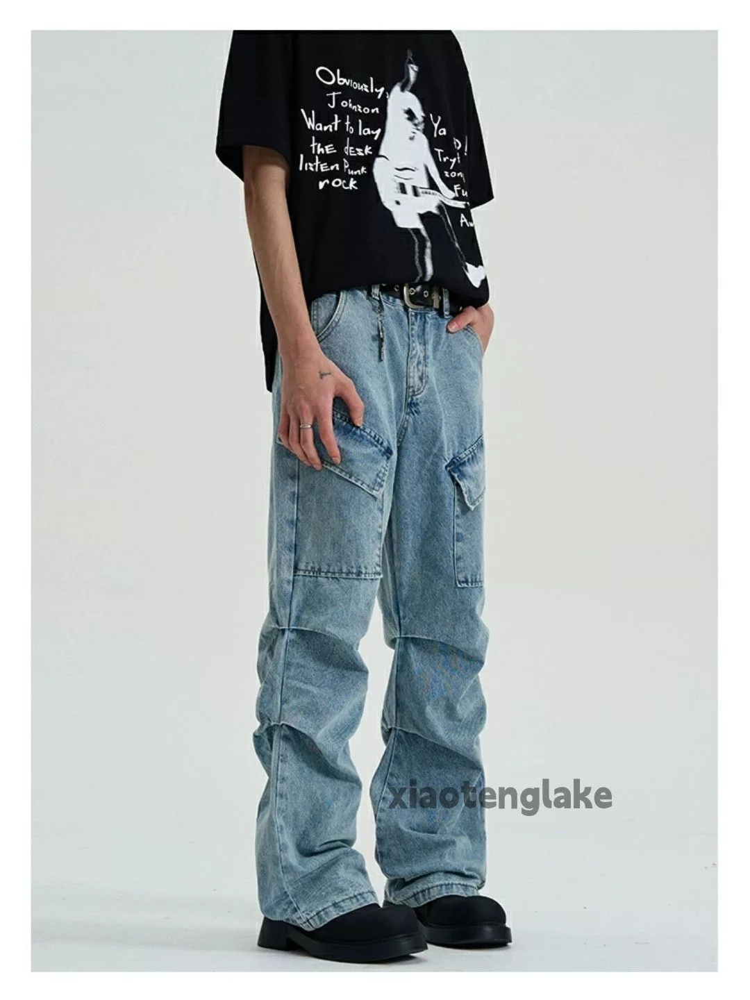 Jean Denim Jean × Vintage washed faded pleated punk grunge flared cargo jeans Blue
