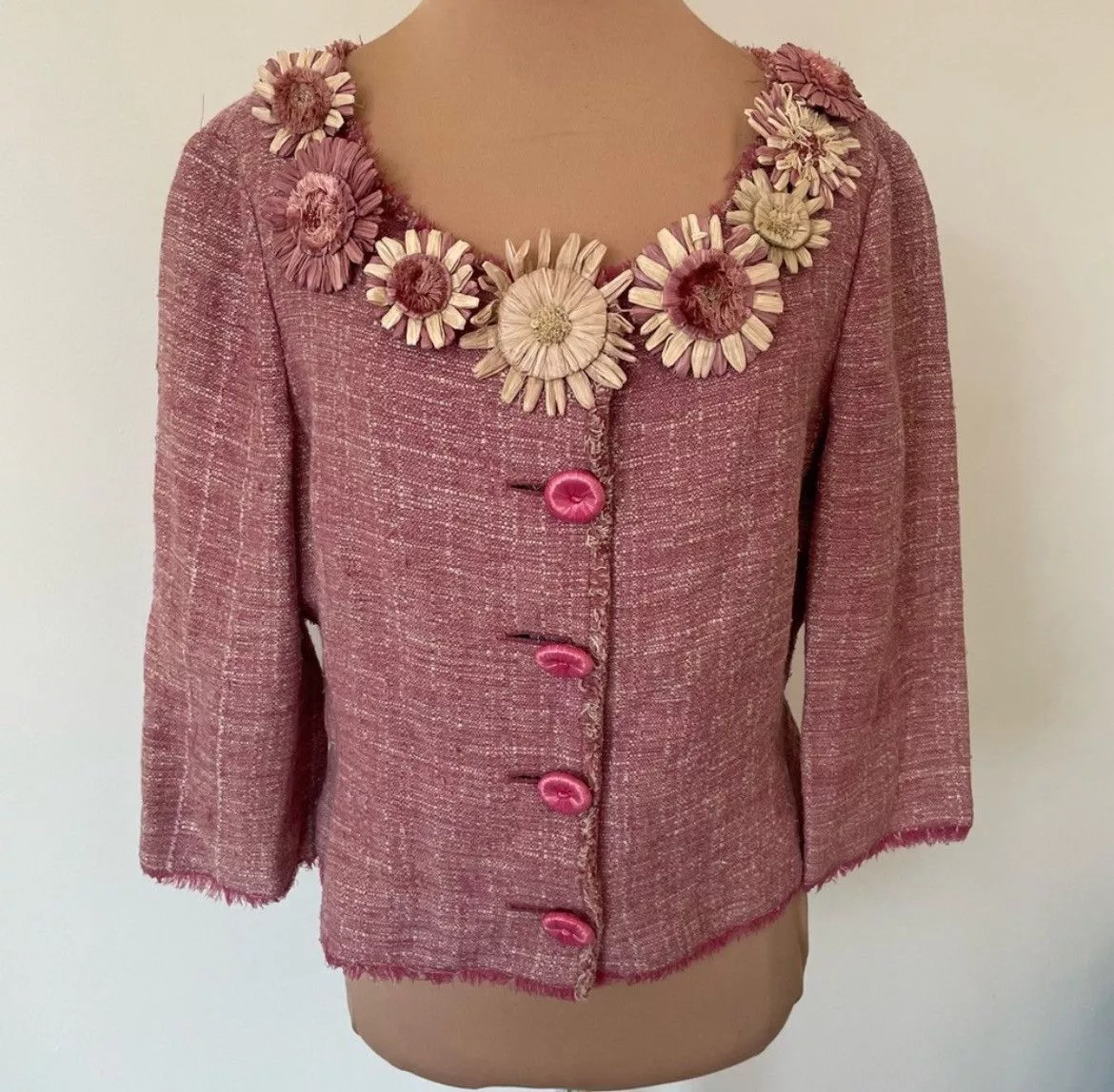 Moschino Jackets Moschino Tweed Knit Raw Edge Embellished Collarless Jacket Pink