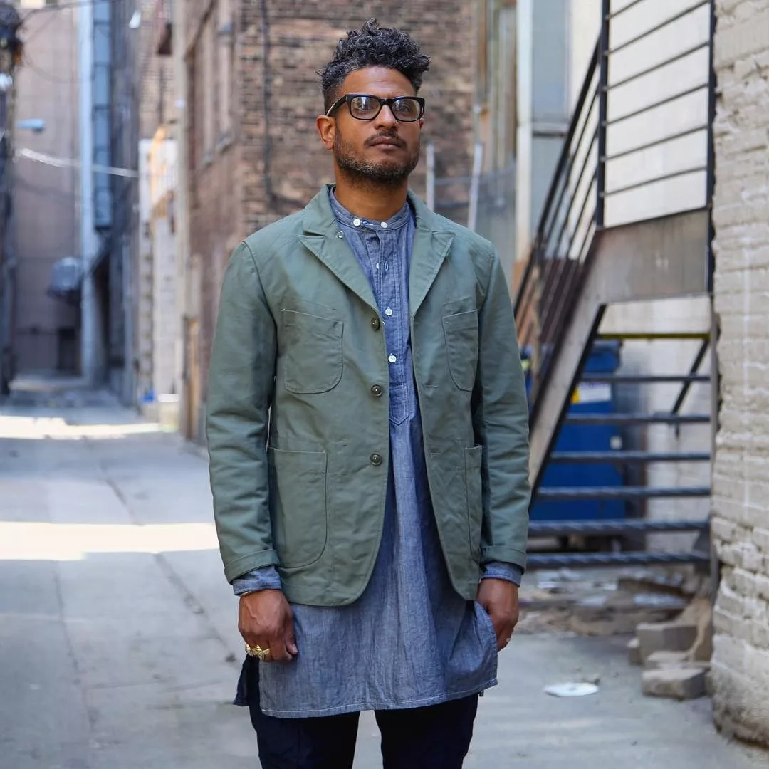 Engineered Garments Shirts Button Ups Engineered Garments banded collar long shirt Blue