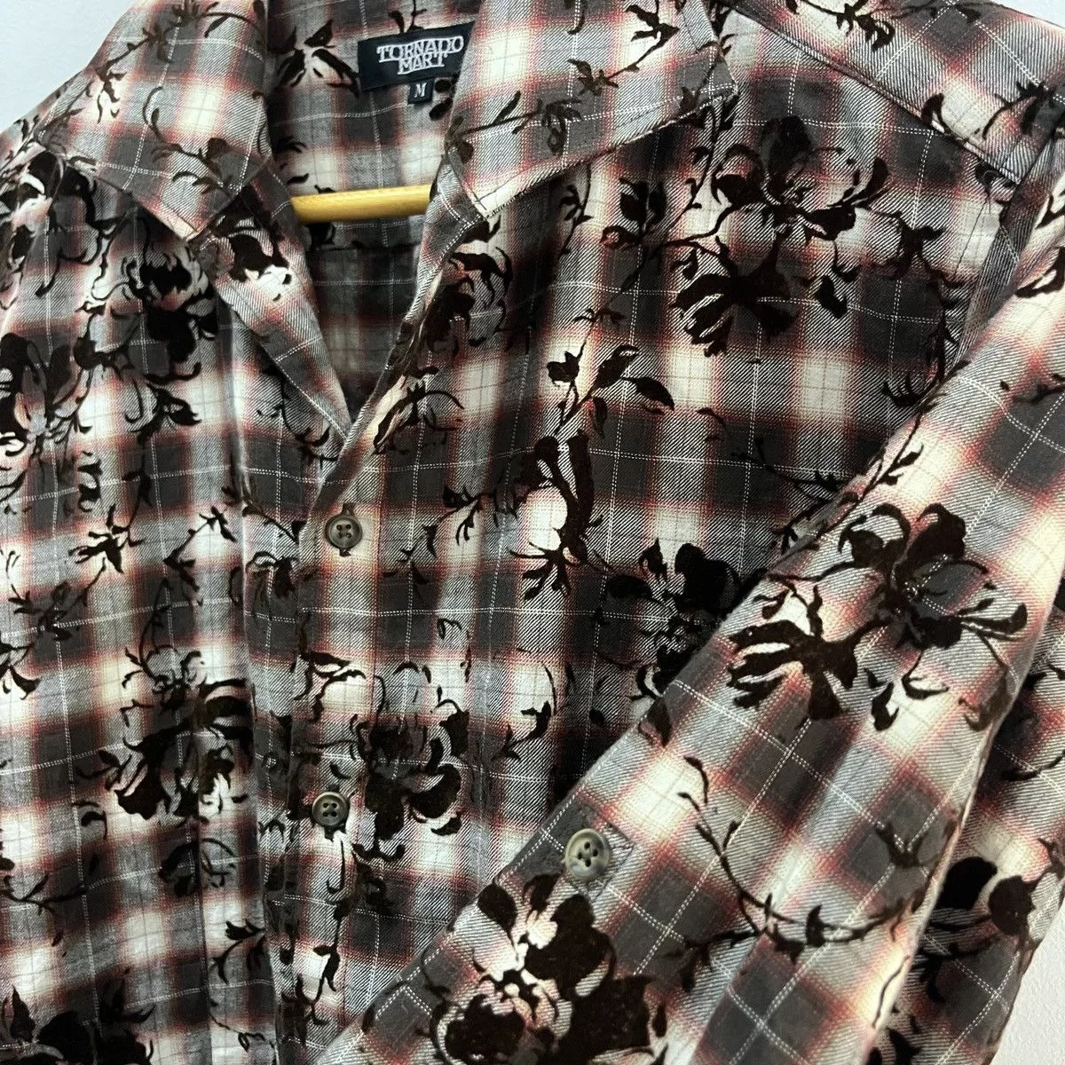 Tornado Mart Shirts Button Ups Tornado Mart Open Collar Floral Theme Gray Avant-Garde