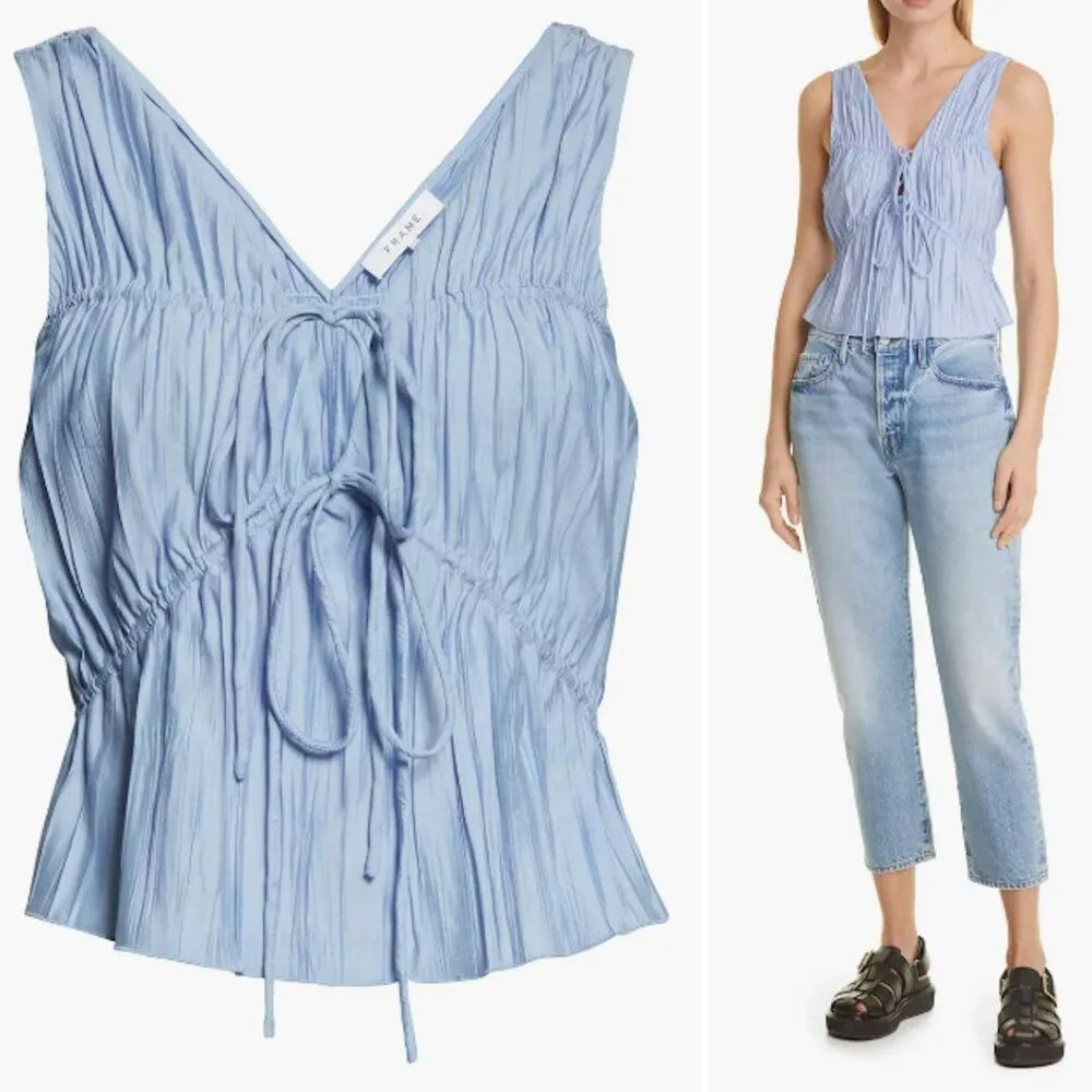 Frame Blouses New Frame Tie Front Cinched Crinkle Light Blue Blouse Tank