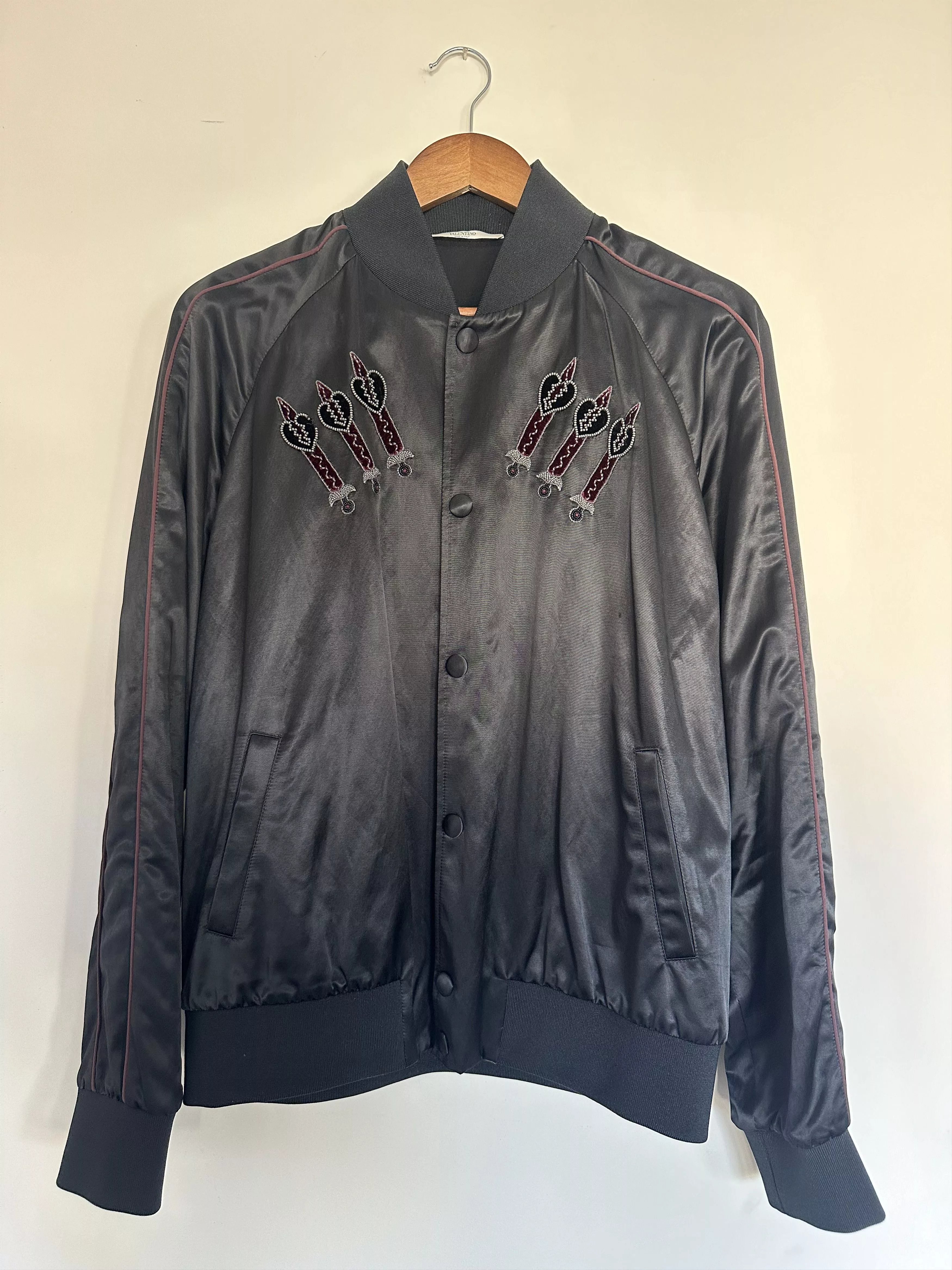 Valentino Bombers Valentino Love Blade Embroidered Satin Bomber Jacket Black