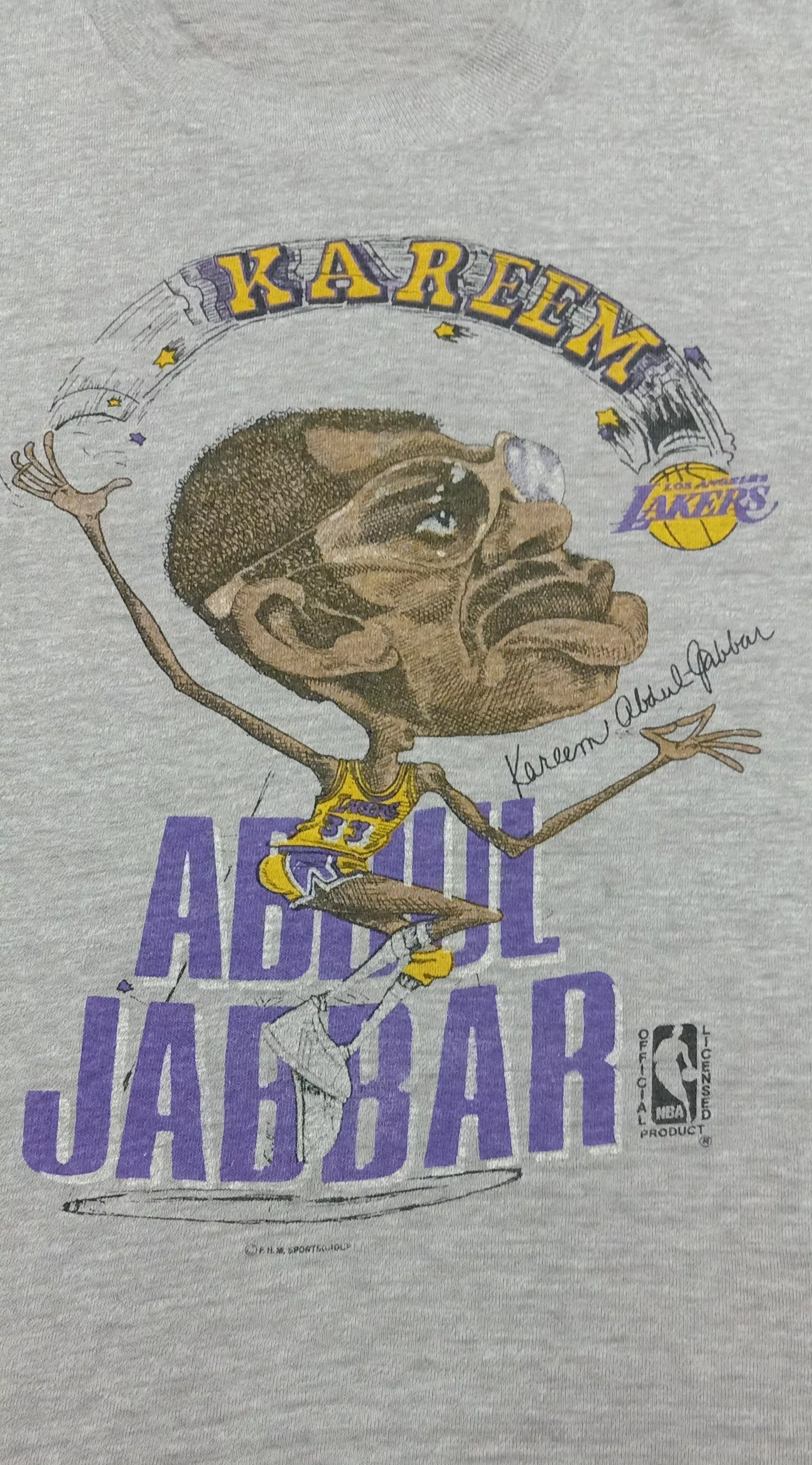 NBA Short Sleeve T Shirts NBA × Vintage Vintage 1980s Kareem Abdul Jabbar Lakers Caricature Tee Gray