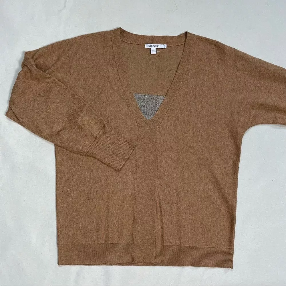 Chicos Sweaters Chicos New Chico's Caviar Bead V-Neck Pullover Tan Sweater Size 1 Brown
