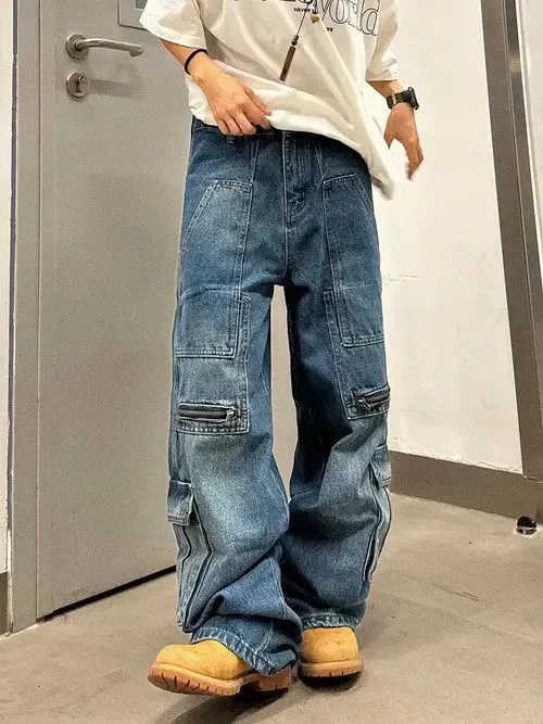 High Sport Denim High Sport × Jean Streetwear Patchwork Wide Leg Jeans Blue
