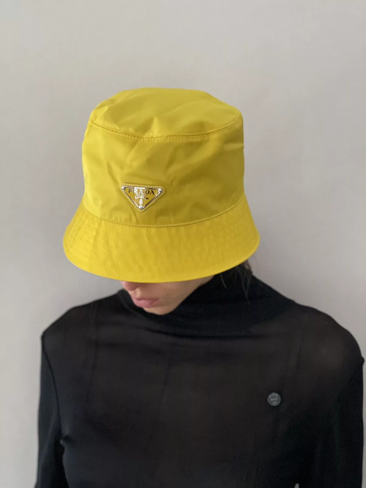 Prada Hats Prada Nylon Bucket with triangle logo Yellow