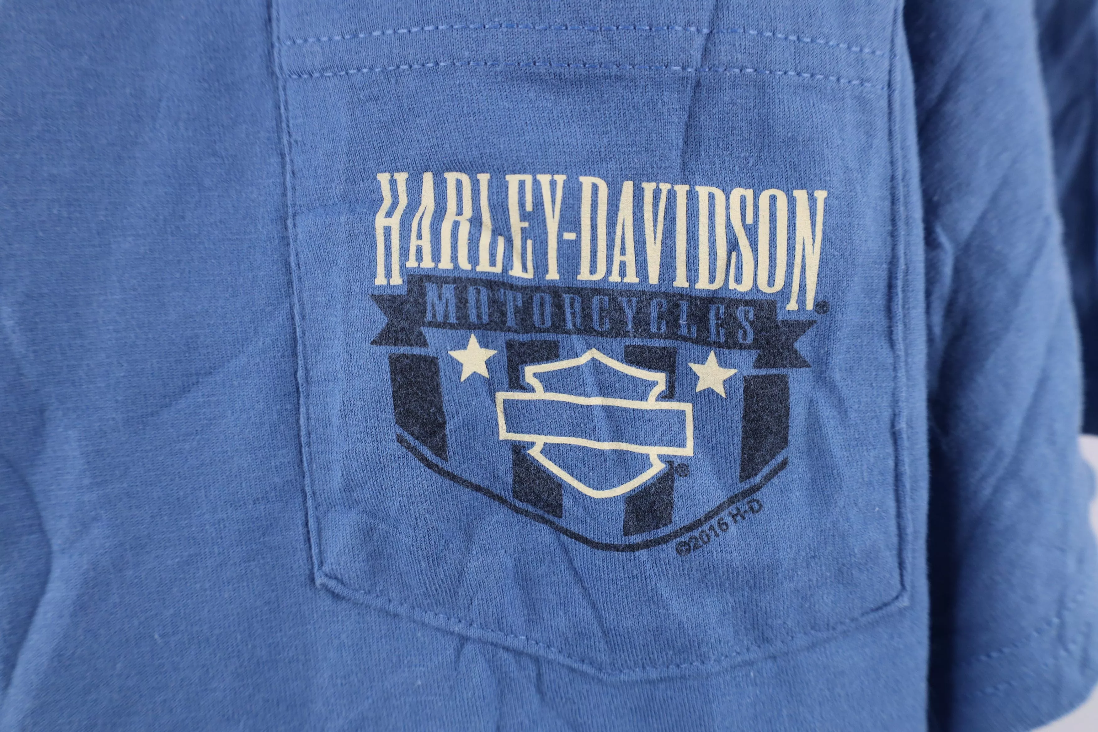Harley Davidson Short Sleeve T Shirts Harley Davidson × Vintage Y2K Harley Davidson Spell Out Empire New York Pocket T-Shirt Blue