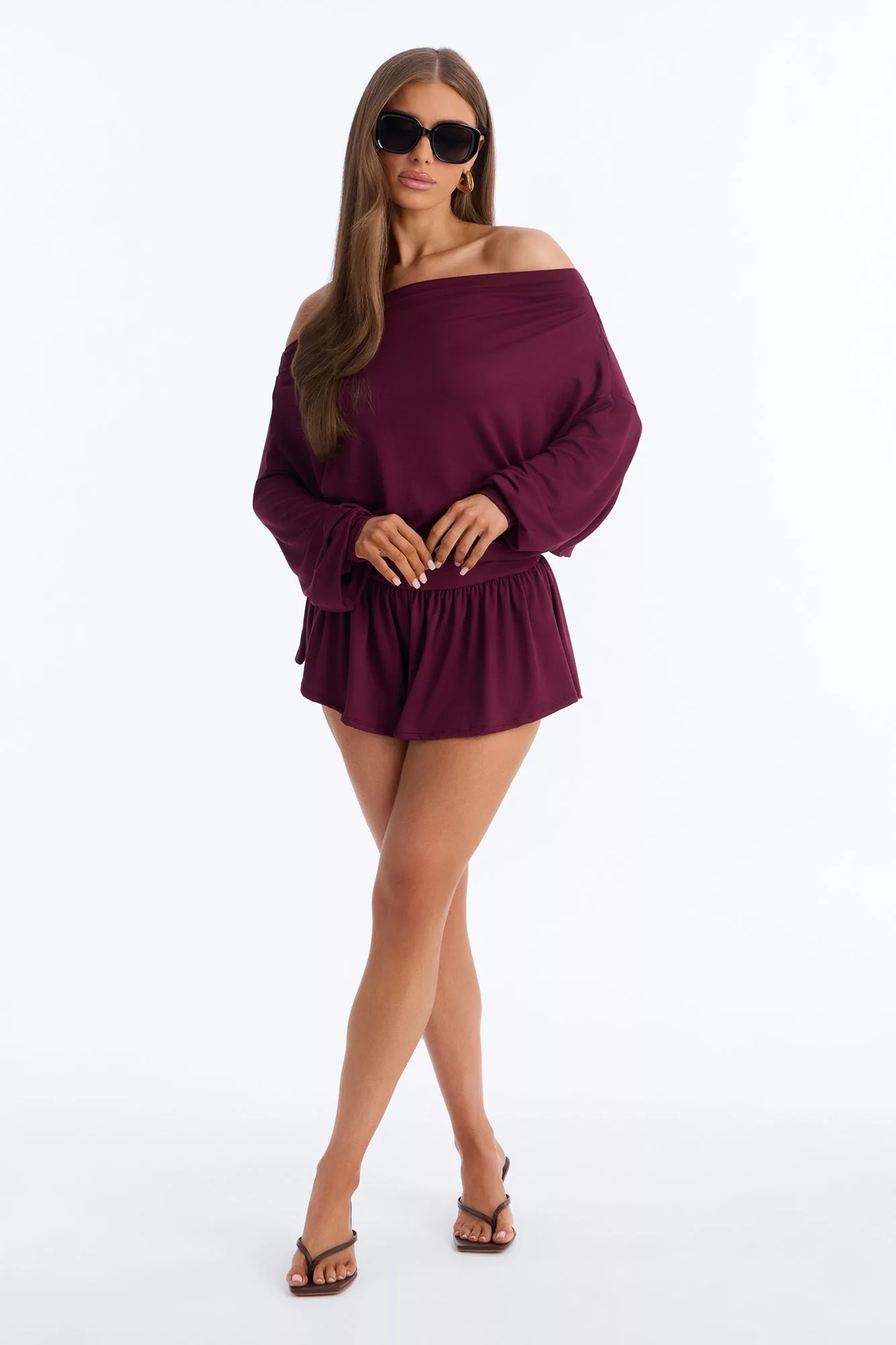 Amelia Off Shoulder Flowy Romper - Plum