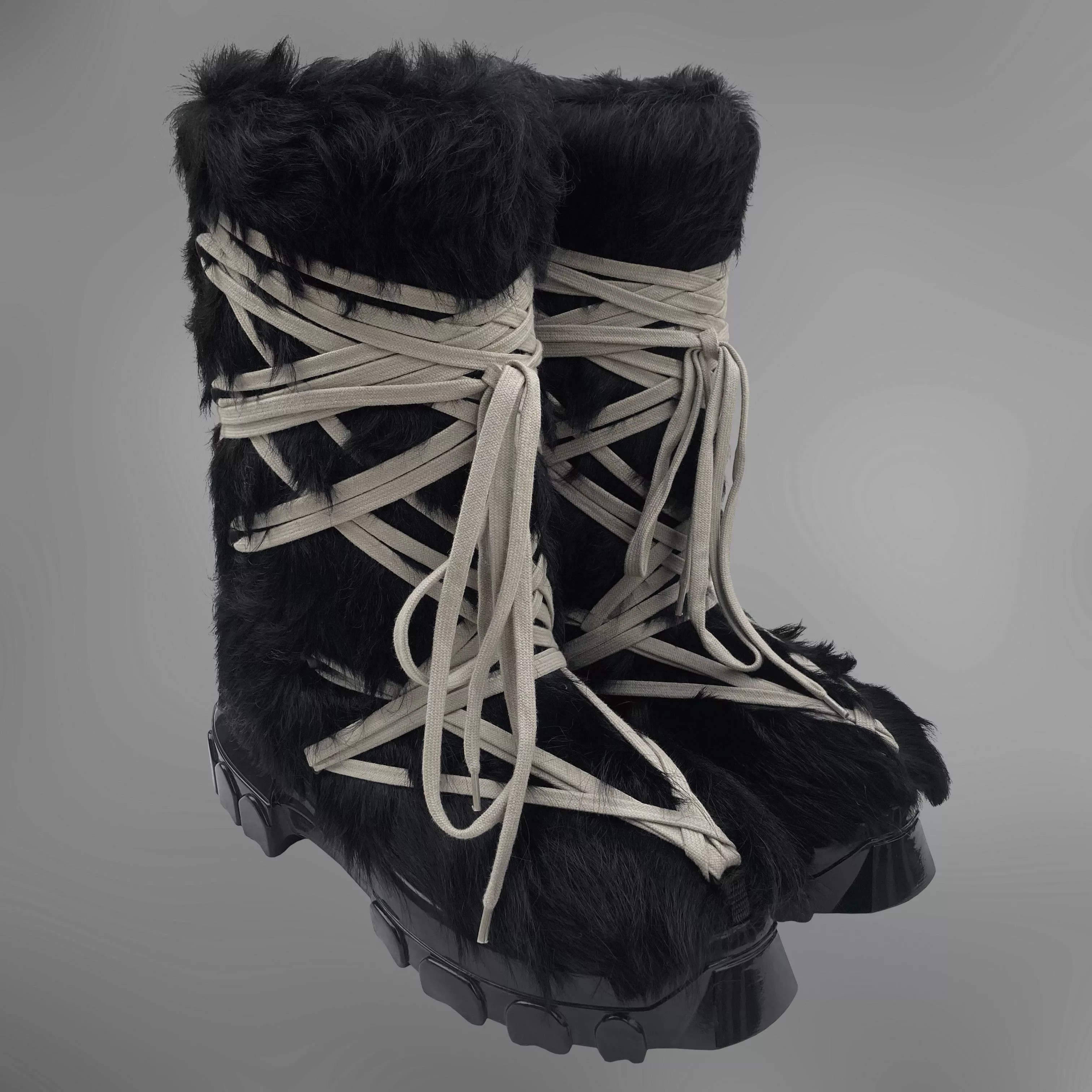 Rick Owens Boots RICK OWENS MEGALACE LUNAR FUR BOOTS Black