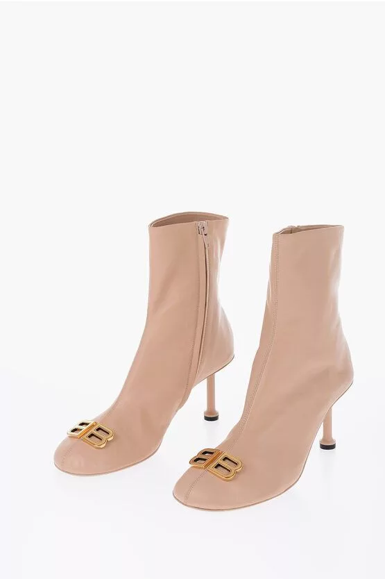 Balenciaga Boots Balenciaga Leather Groupie Booties with Logo Statement Beige