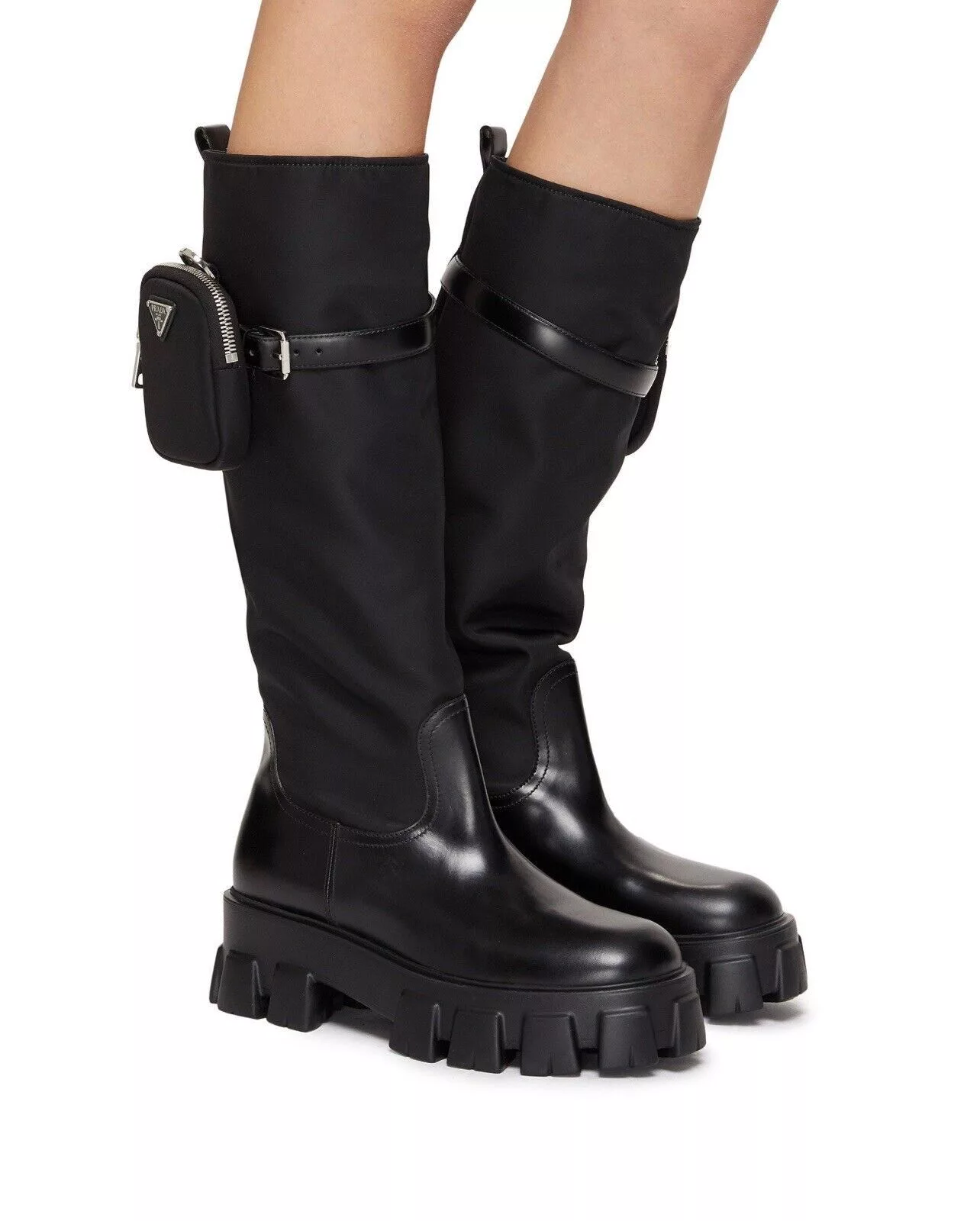 Prada Boots Prada Monolith Re-Nylon Gabardine Knee High Boots with Pouch Black