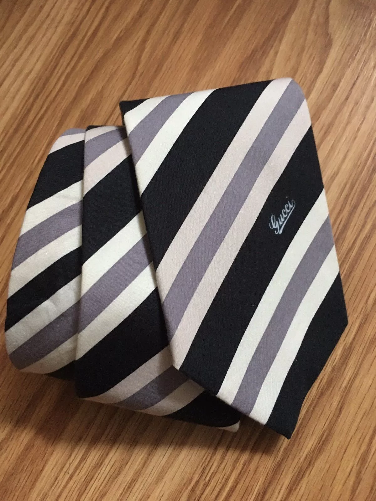 Gucci Ties Pocketsquares GUCCI Black Grey Striped Italy Cotton Mens Tie Multi