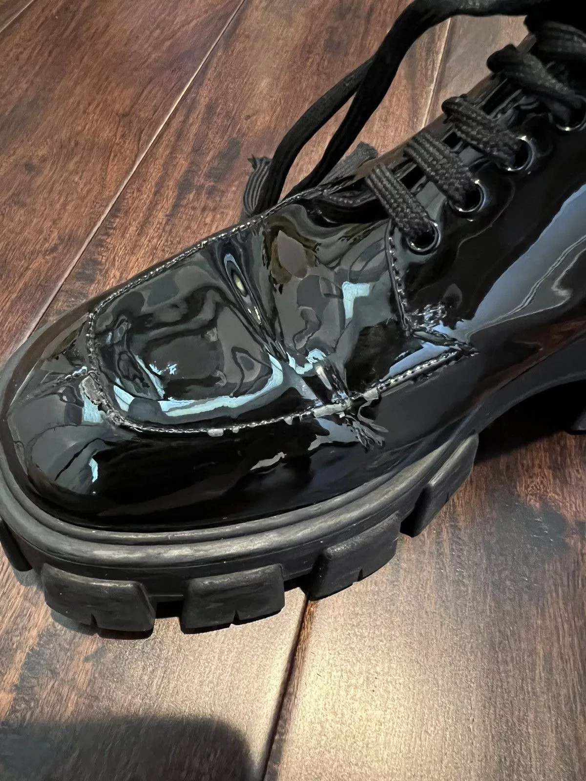 Prada Platforms Prada Monolith Patent Leather Lace-up Black