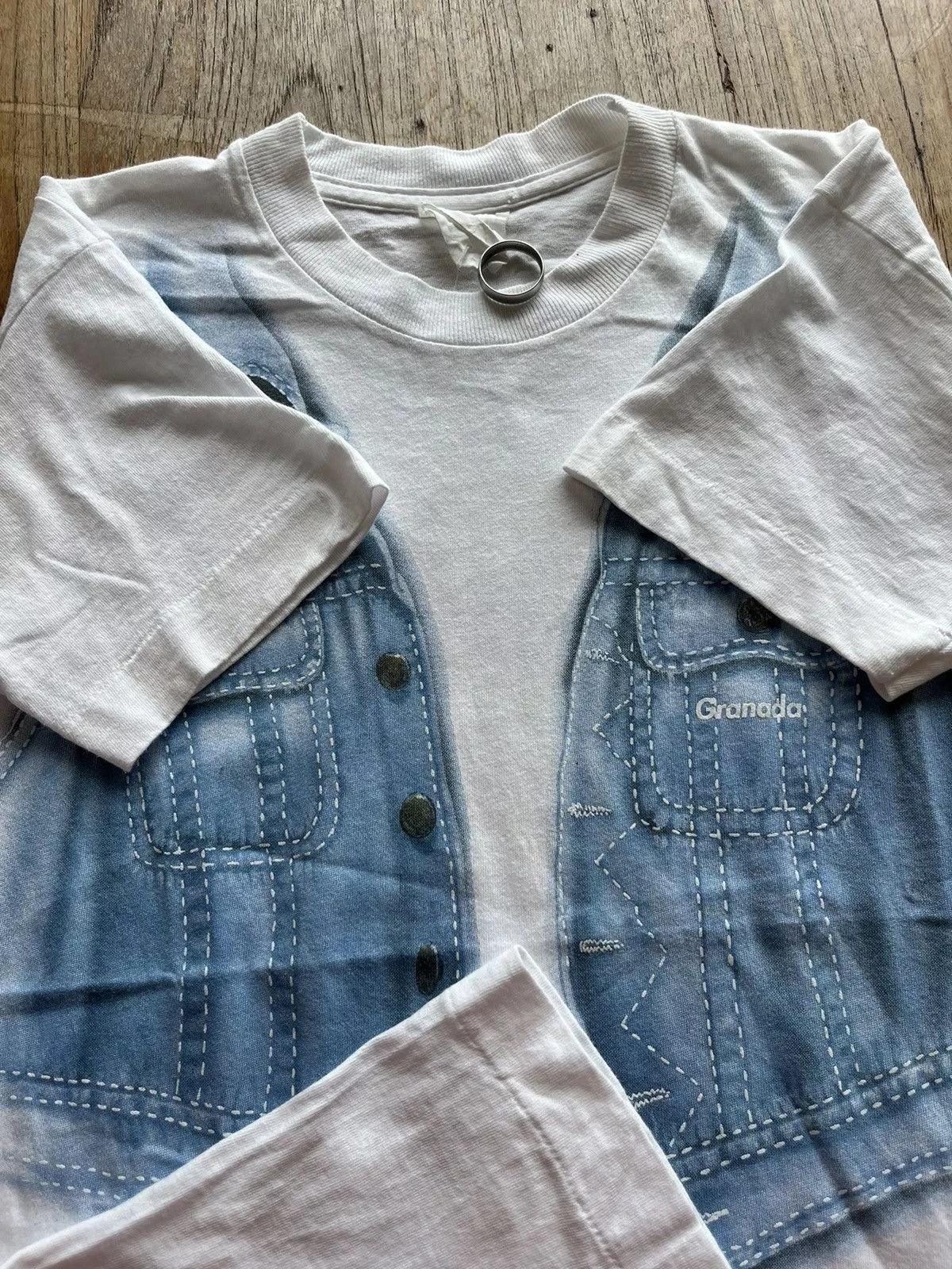 Vintage Short Sleeve T Shirts Vintage Granada Jacket Print Expression Dukoaps 90’s T-shirt White