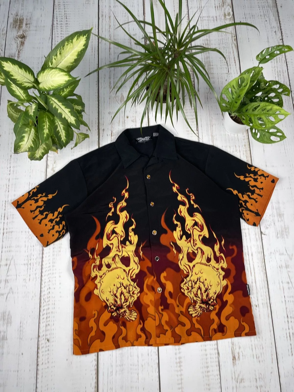 Dragonfly Shirts Button Ups Dragonfly × Japanese Brand × Vintage Vintage Dragonfly Flames Shirt Japanese Tribal Orange