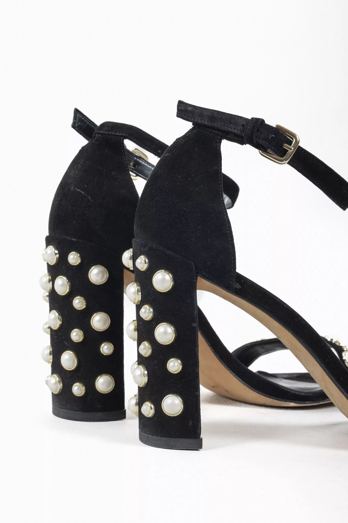 Stuart Weitzman Heels Stuart Weitzman Black Pearl Studded Open-Toe Heeled Sandals