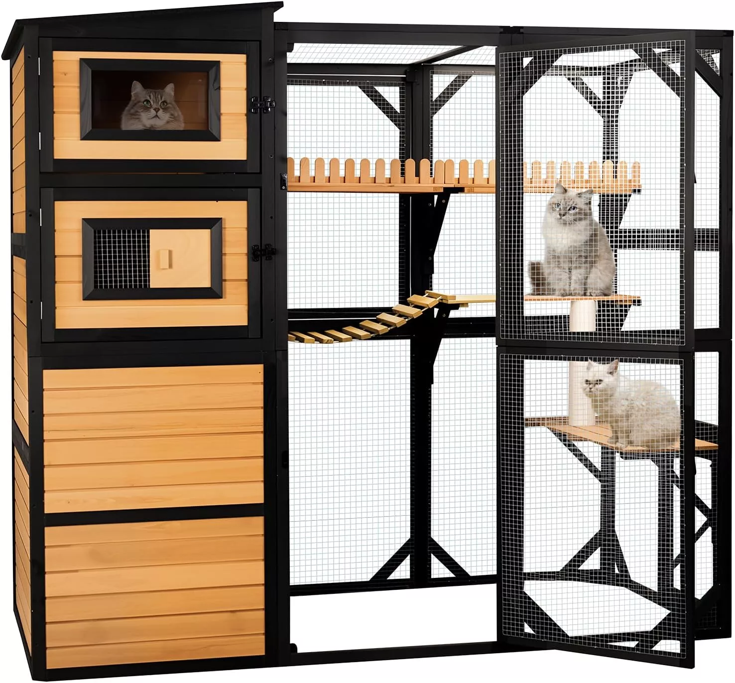 FunXplore Outdoor Cat Catio Enclosure 4 Tiers Walk-in Cat House with Window Access 5 Doors Weatherproof Roof PVC Canopy