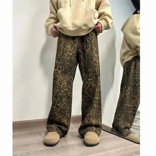 Jean Denim leopard print wide leg jeans Multi Avant-Garde