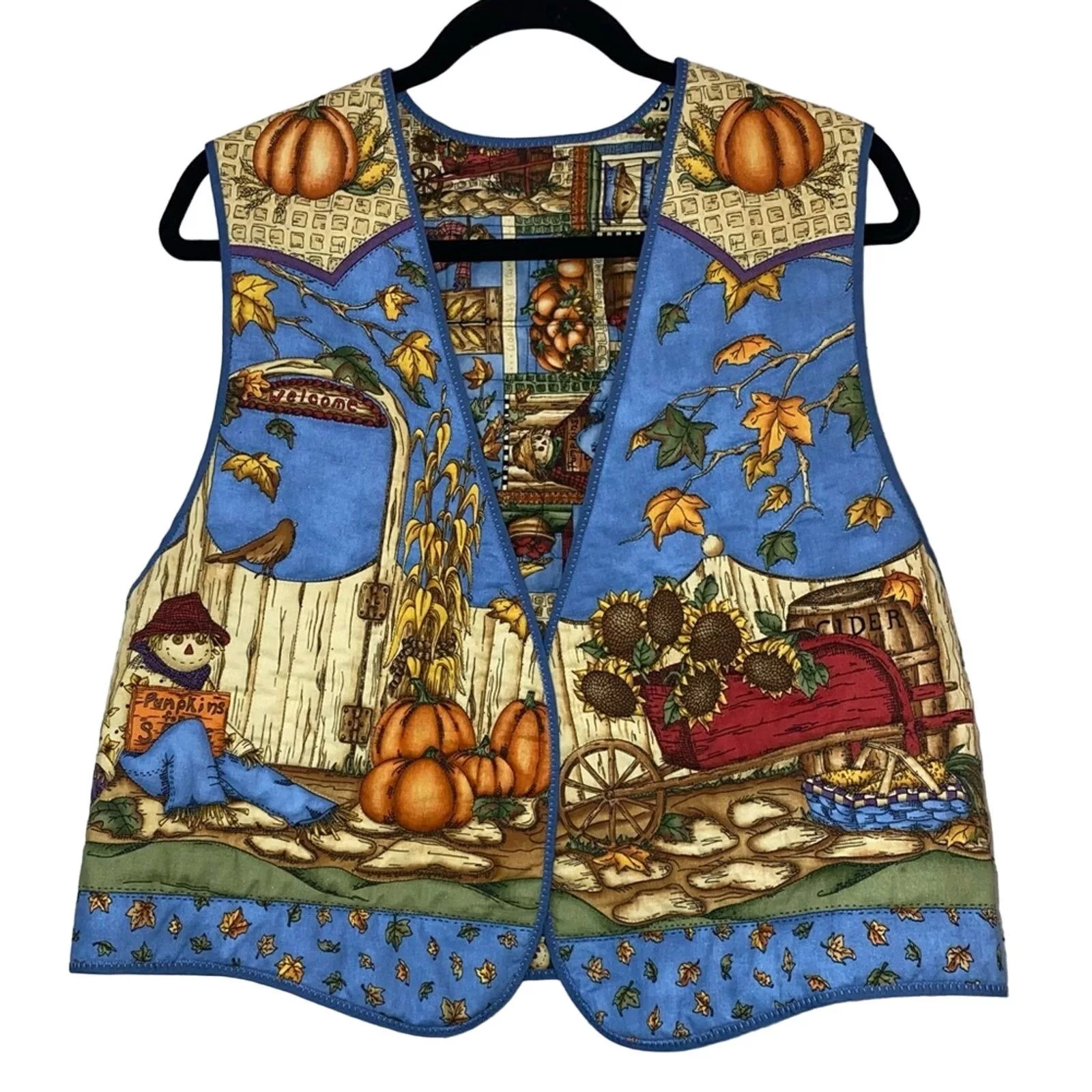 Handmade Vests Handmade Scarecrow Pumpkin Fall Reversible Vest Blue
