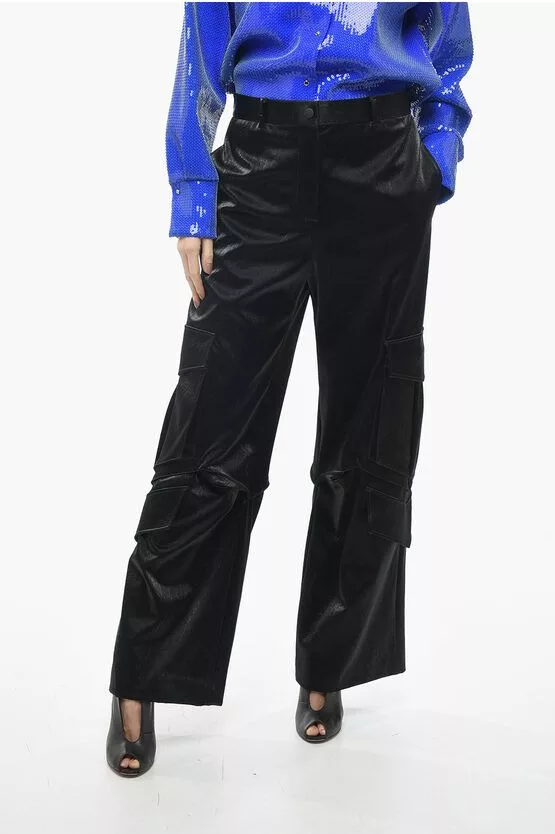 MSGM Pants MSGM og1mm0724 Satin Cargo Belt Pants in Black