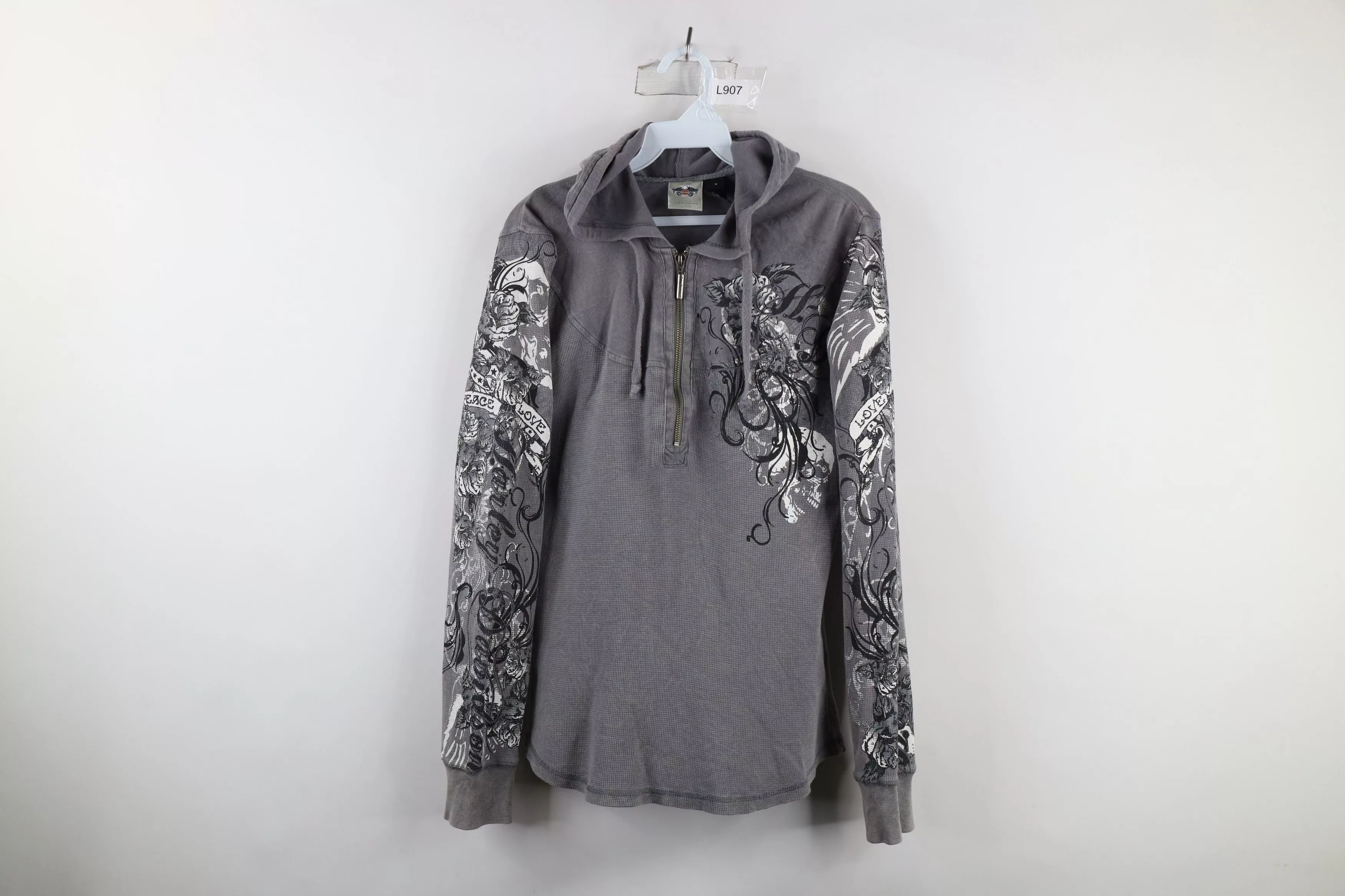 Harley Davidson Sweaters Harley Davidson × Vintage Vintage Harley Davidson Thermal Waffle Knit Half Zip Hoodie Gray