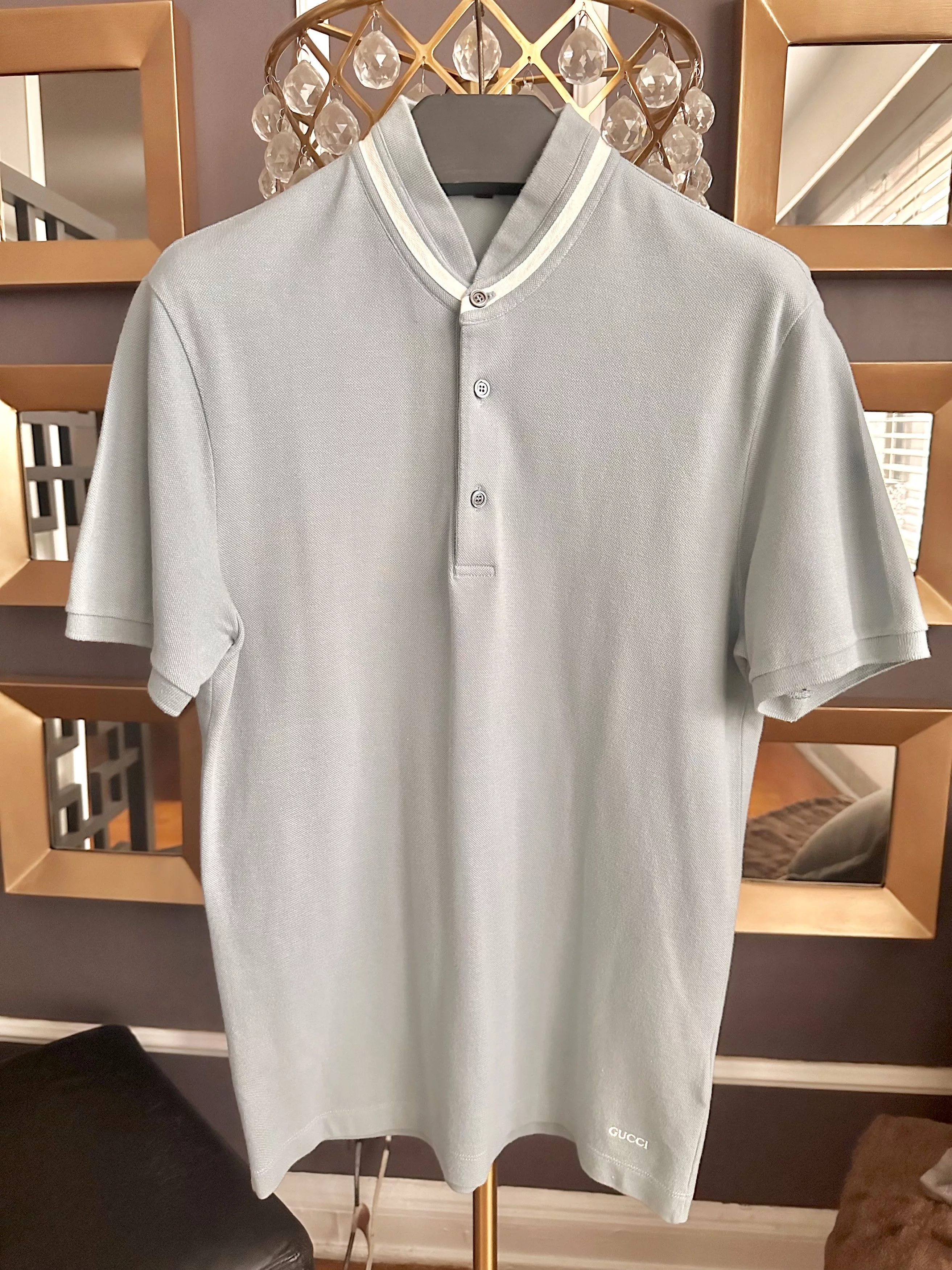 Gucci Polos Gucci Powder Blue Ribbed Stand Collar Polo Shirt Sportswear