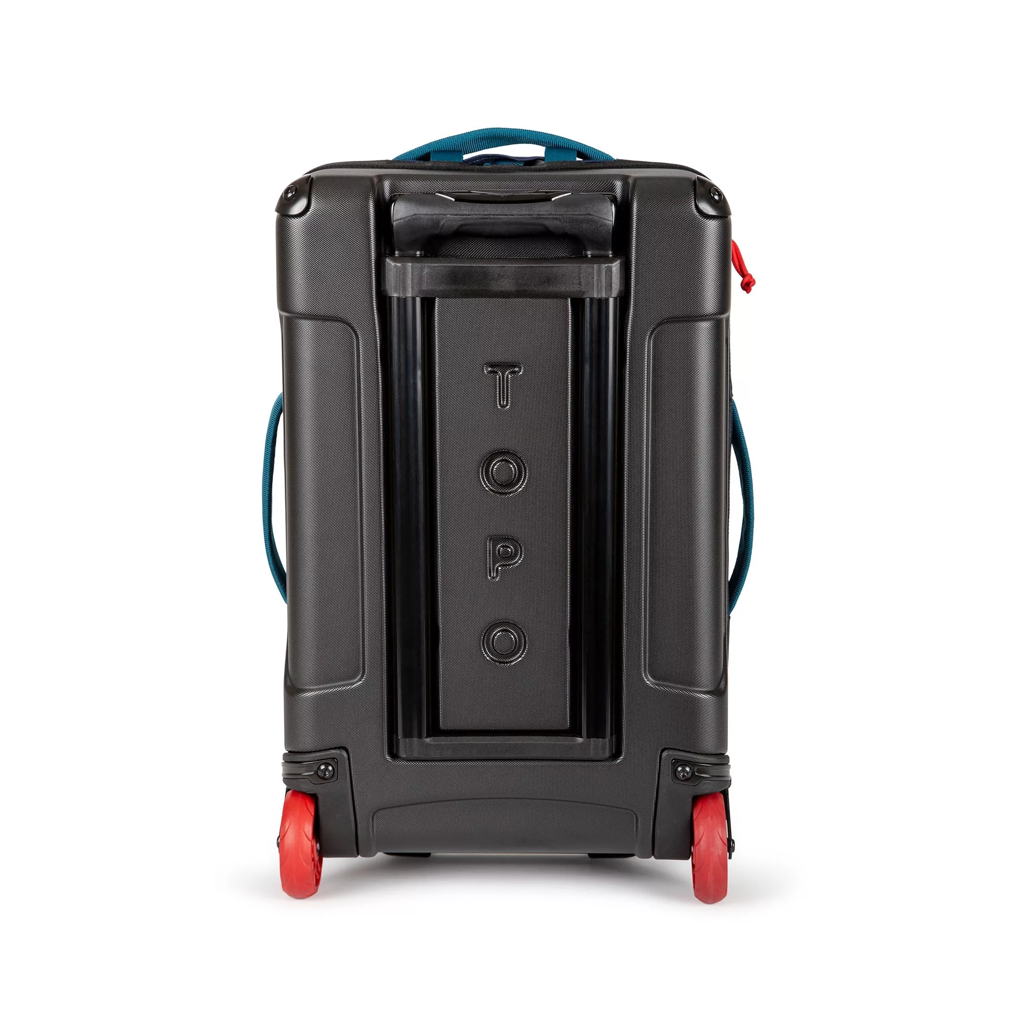 Molded back panel on the Topo Designs Global Travel Bag Roller durable carry-on convertible laptop backpack rolling suitcase in Navy blue.
