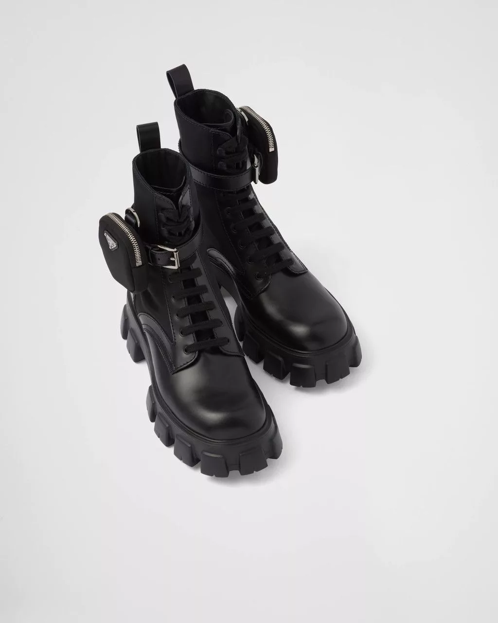 Prada Boots Prada Leather and Nylon Platform Combat Boots with Pouches Black