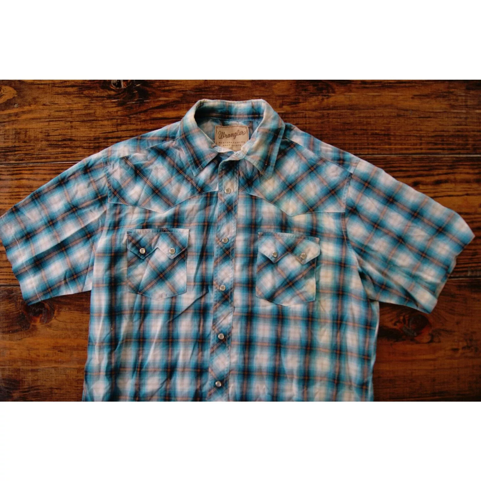 Wrangler Shirts Button Ups Wrangler Western Pearl Snap Shirt Mens L Short Sleeve Plaid Blue