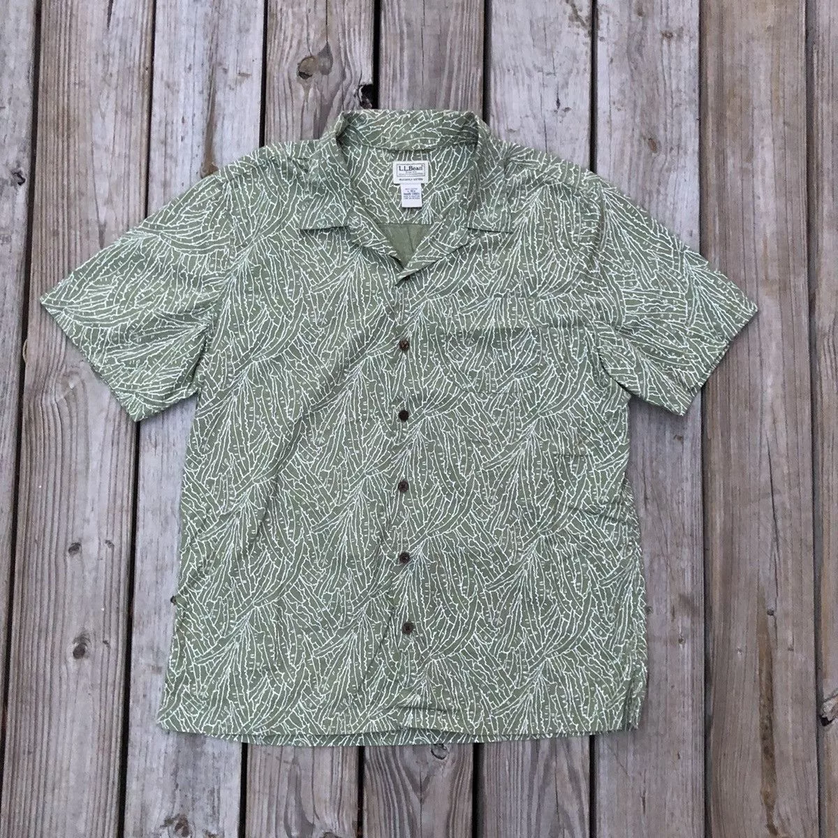 L.L. Bean Shirts Button Ups L.L. Bean × Vintage LL Bean Camp Collar Palm Leaves Pattern Button Shirt Green Streetwear