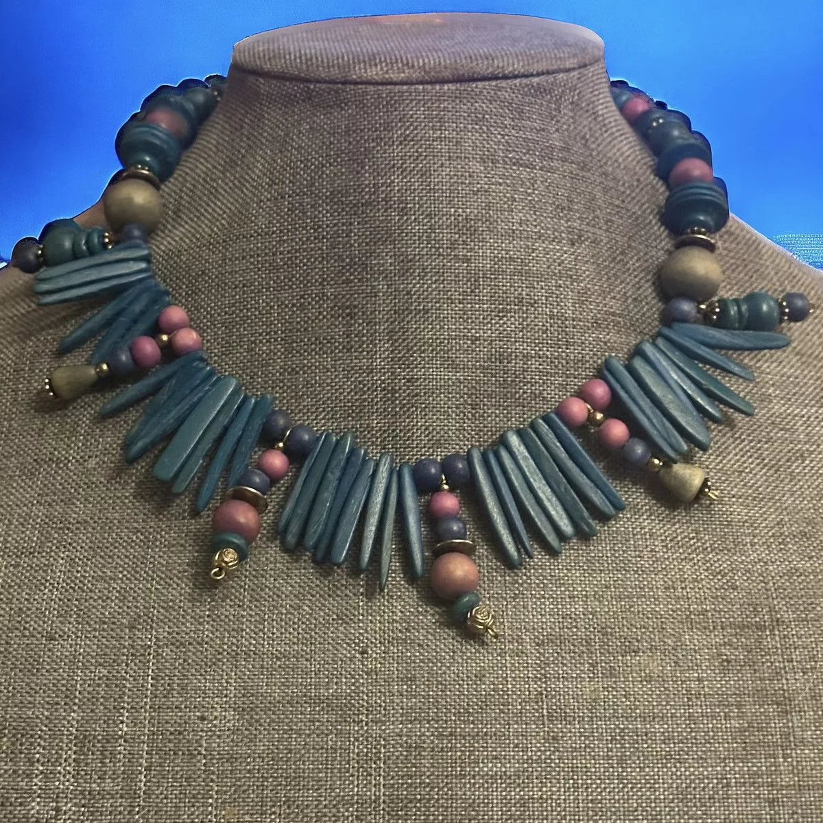 Vintage Necklaces Vintage wooden bead tribal necklace Blue