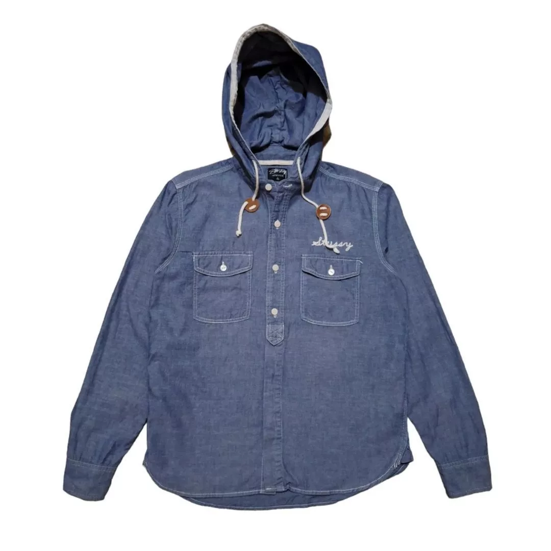 Stussy Shirts Button Ups Stussy Hooded Denim Shirt Embroidered Stussy Logo Blue Streetwear